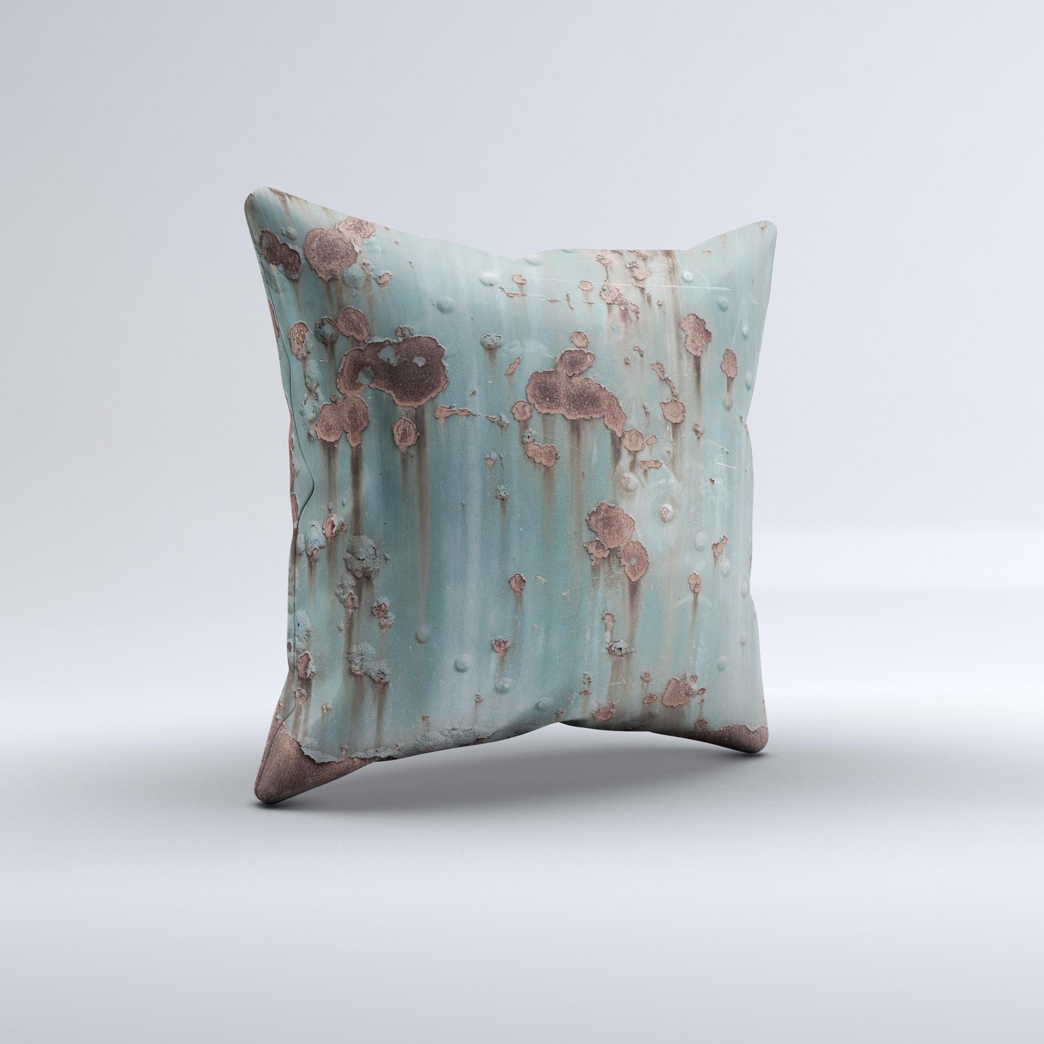 Subtle Blue Metal with Rust Ink-Fuzed Decorative Throw Pillow showcasing unique handcrafted design and high-quality fabric.