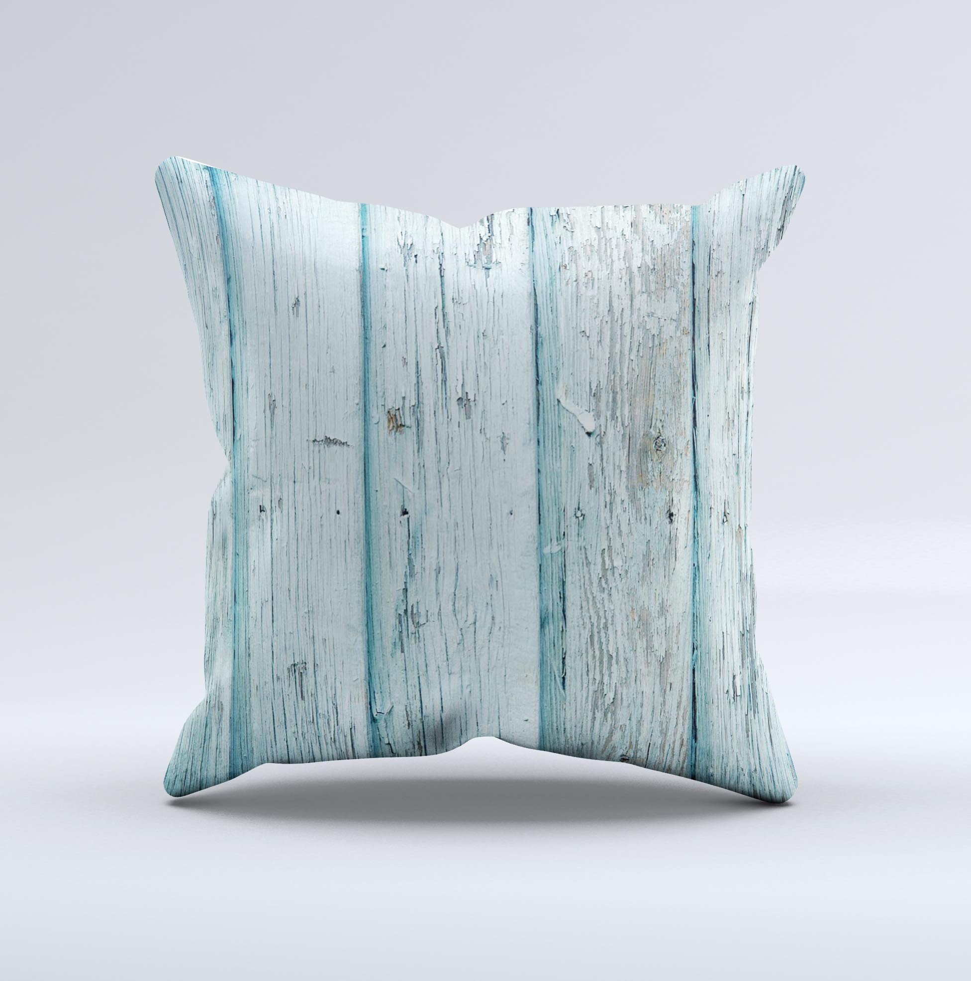 Subtle Blue Vertical Aged Wood Ink-Fuzed Decorative Throw Pillow showcasing a unique design with soft blue tones and aged wood patterns.