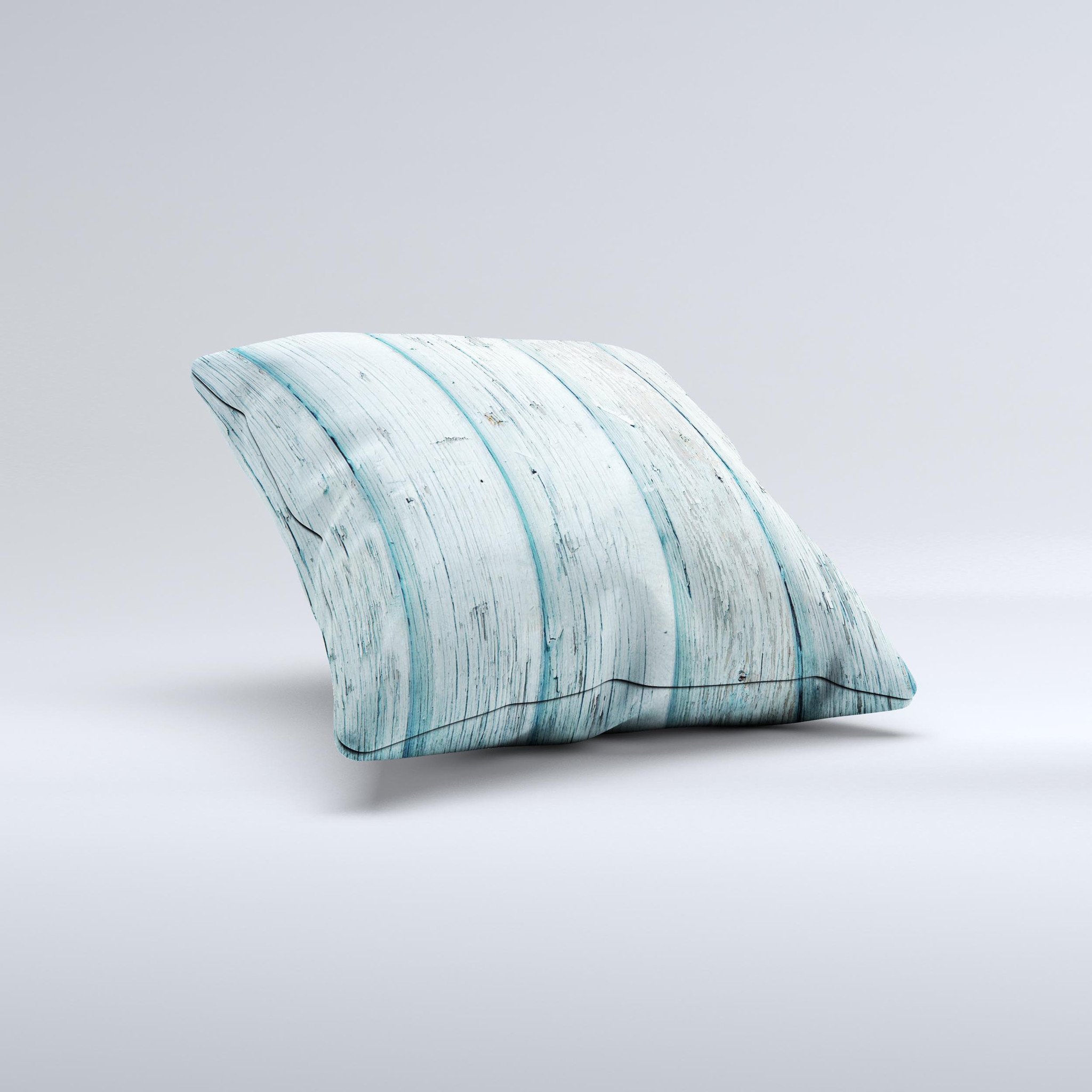 Subtle Blue Vertical Aged Wood Ink-Fuzed Decorative Throw Pillow showcasing a unique design with soft blue tones and aged wood patterns.