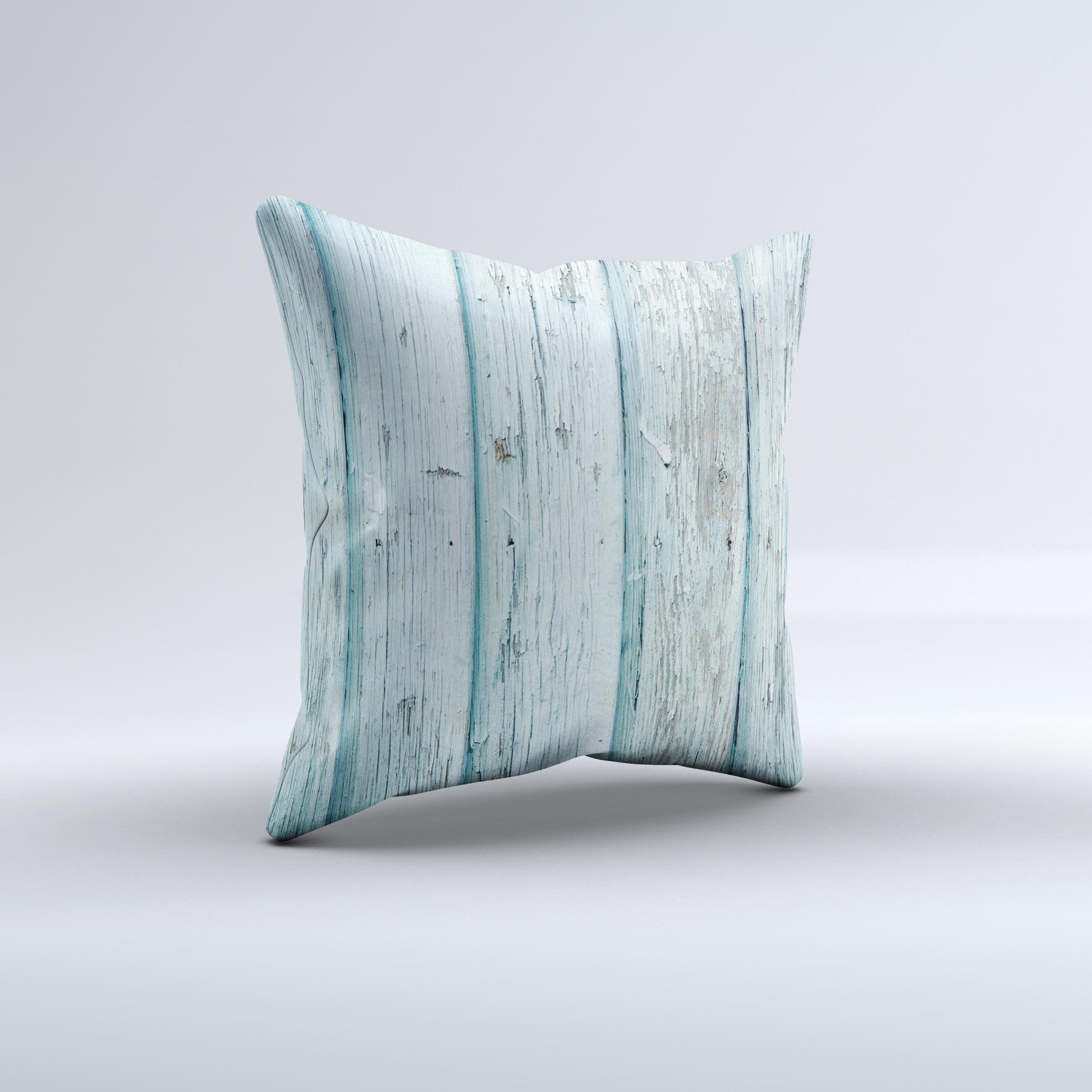 Subtle Blue Vertical Aged Wood Ink-Fuzed Decorative Throw Pillow showcasing a unique design with soft blue tones and aged wood patterns.