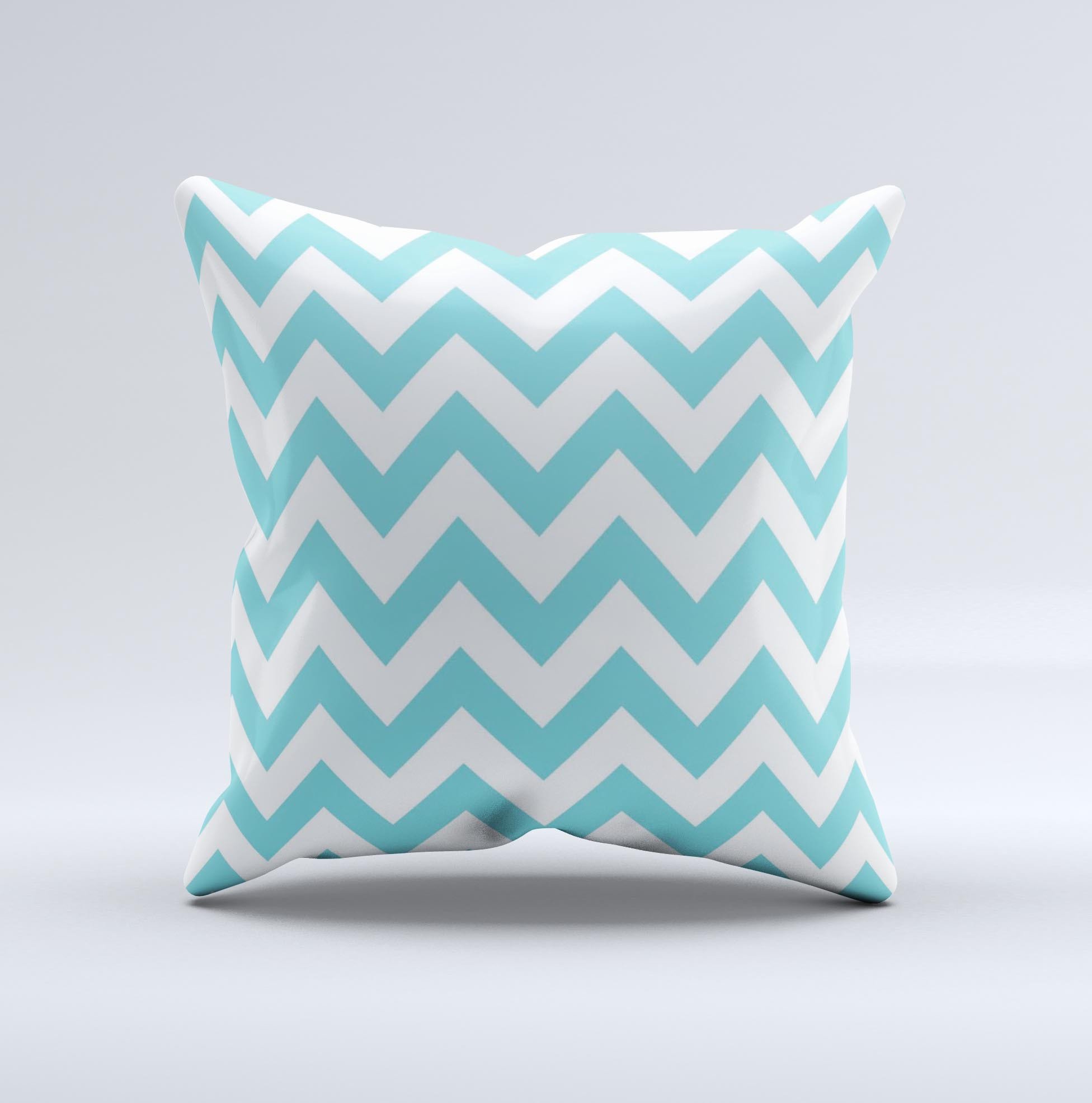 Subtle blue and white chevron pattern decorative throw pillow, handcrafted in Virginia with high thread count fabric and polyester filling.