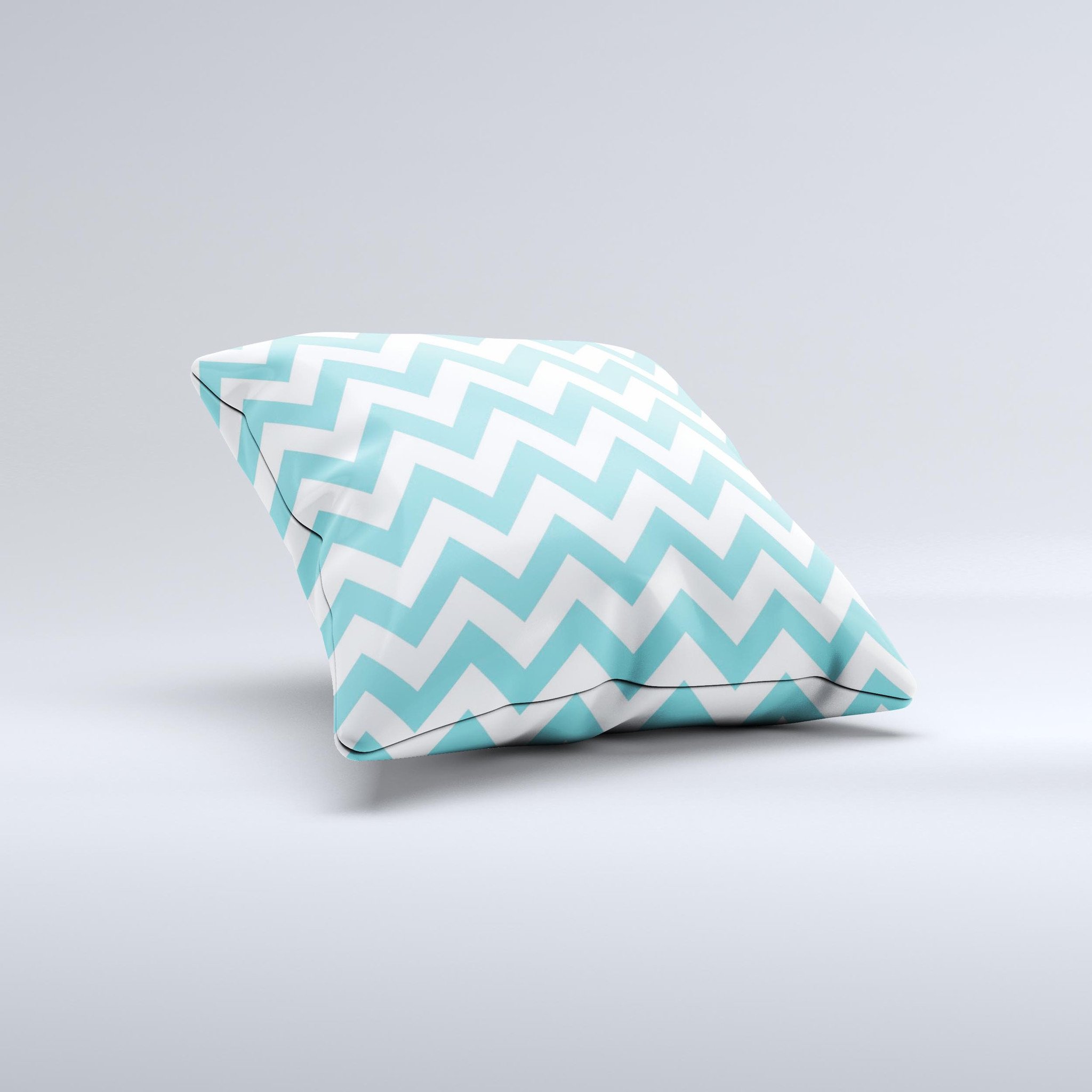 Subtle blue and white chevron pattern decorative throw pillow, handcrafted in Virginia with high thread count fabric and polyester filling.