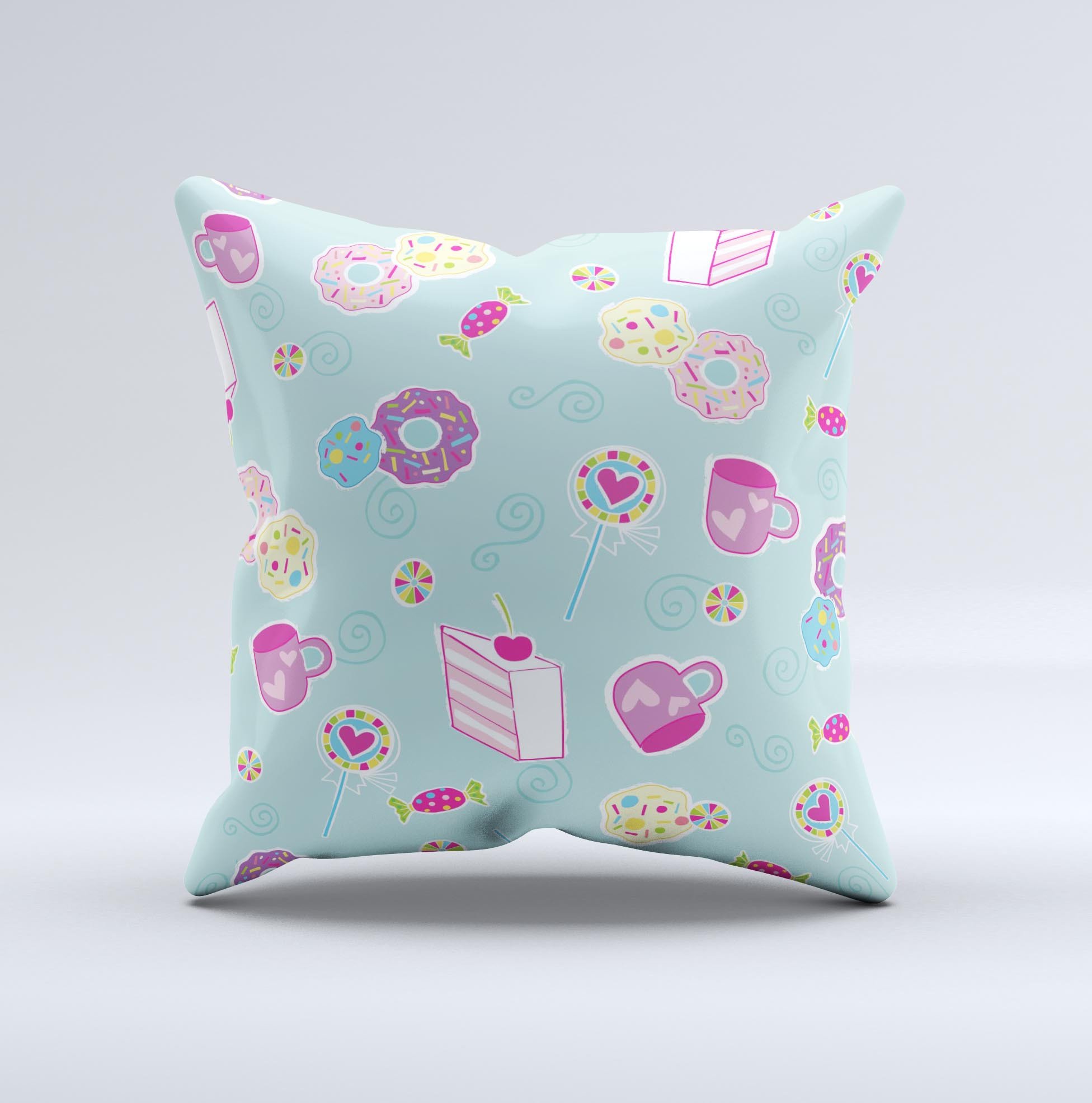 Subtle Blue with Pink Treats decorative throw pillow featuring a unique design, handcrafted in Virginia with high-quality materials.