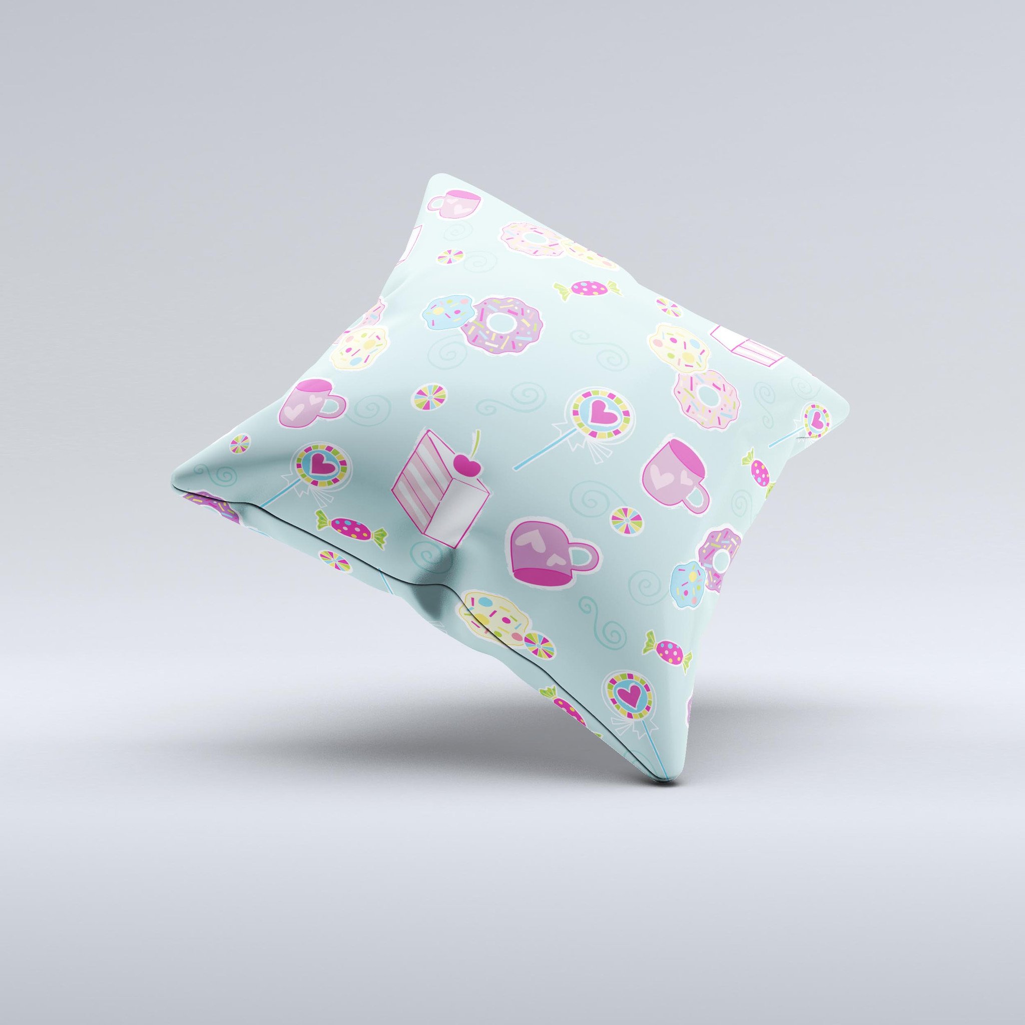 Subtle Blue with Pink Treats decorative throw pillow featuring a unique design, handcrafted in Virginia with high-quality materials.