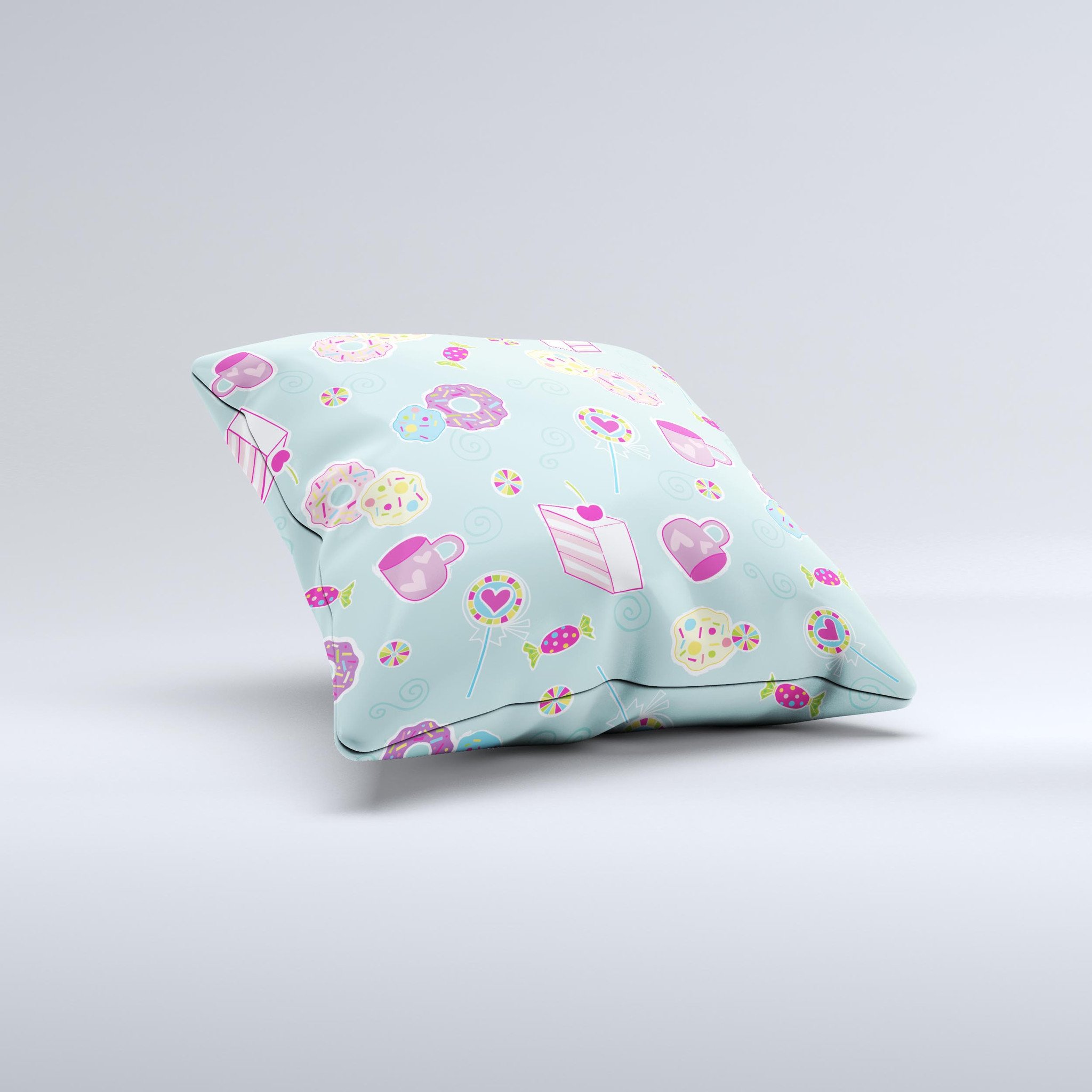 Subtle Blue with Pink Treats decorative throw pillow featuring a unique design, handcrafted in Virginia with high-quality materials.