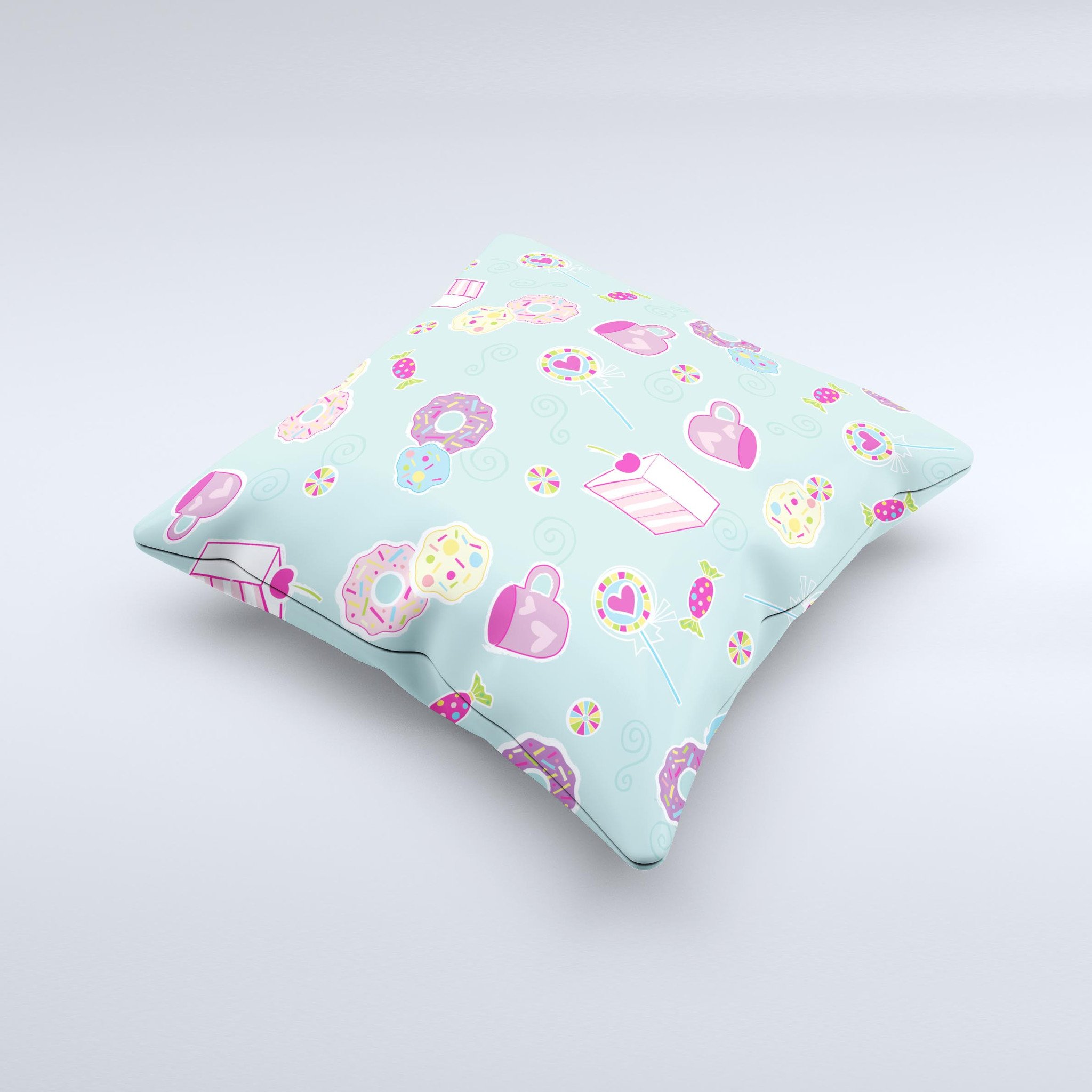 Subtle Blue with Pink Treats decorative throw pillow featuring a unique design, handcrafted in Virginia with high-quality materials.