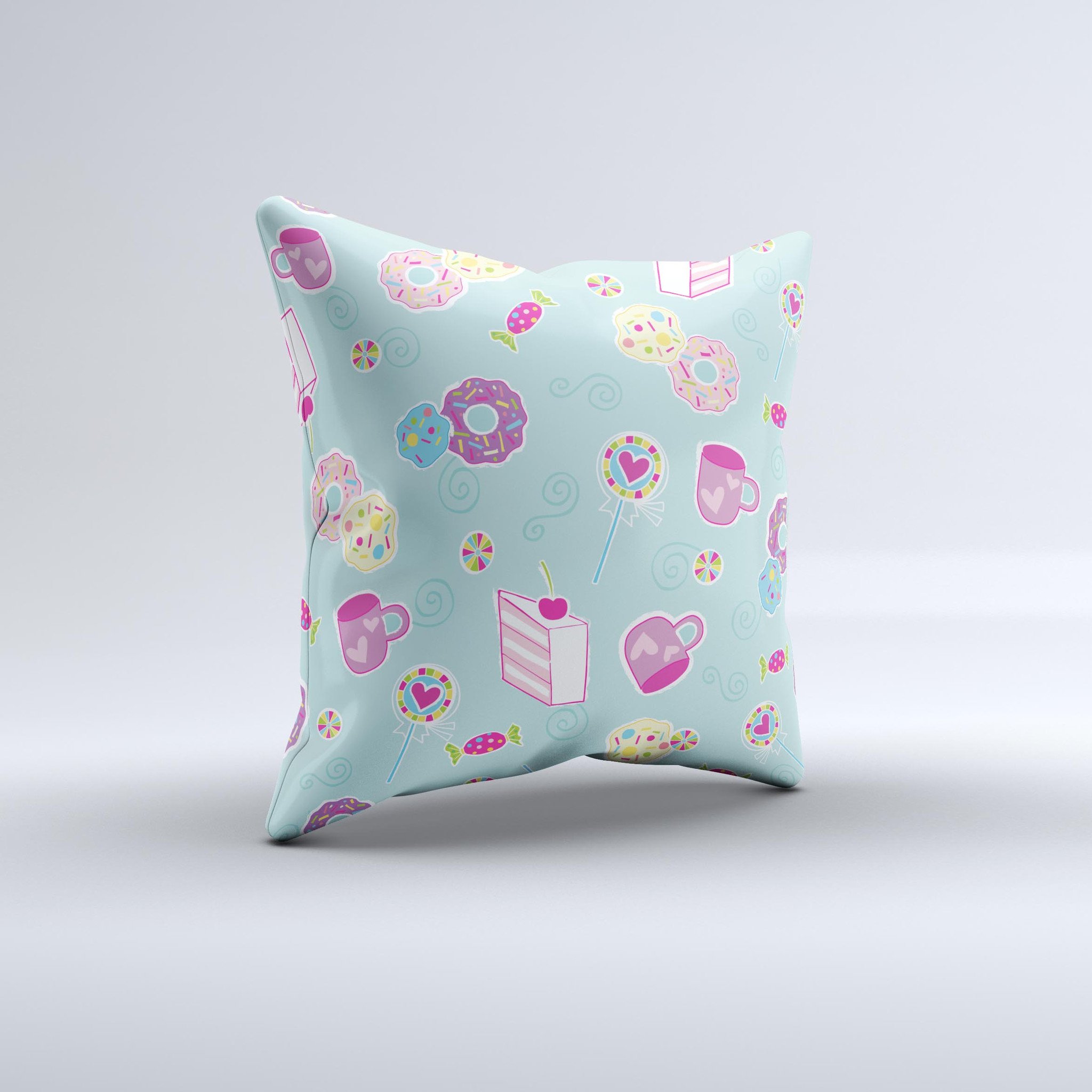 Subtle Blue with Pink Treats decorative throw pillow featuring a unique design, handcrafted in Virginia with high-quality materials.