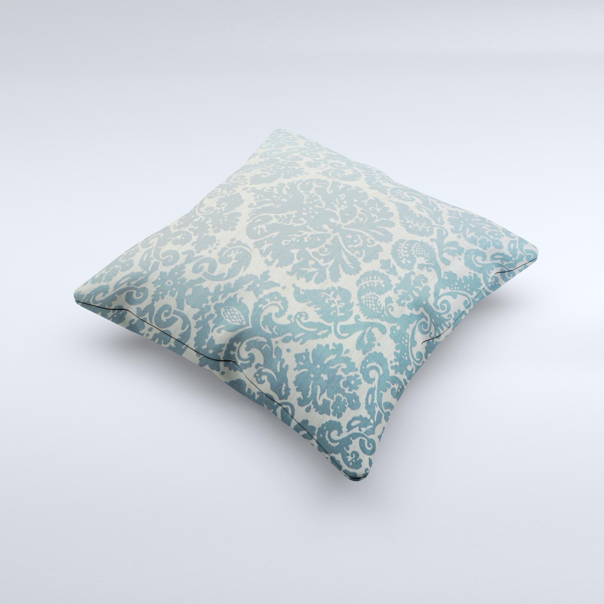 Subtle green decorative throw pillow with lace pattern, handcrafted in Virginia, showcasing unique ink-fuzed design and high-quality fabric.