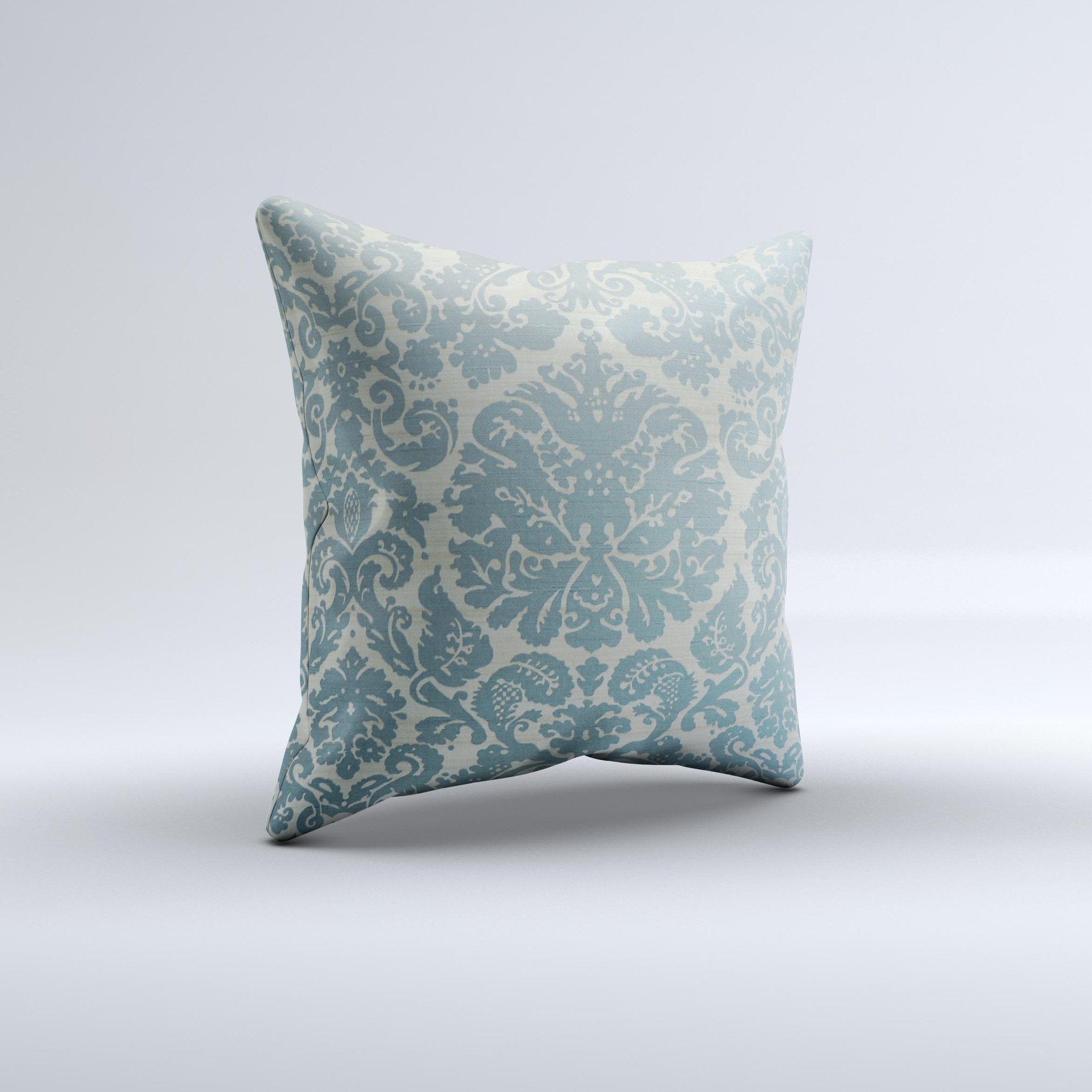 Subtle green decorative throw pillow with lace pattern, handcrafted in Virginia, showcasing unique ink-fuzed design and high-quality fabric.