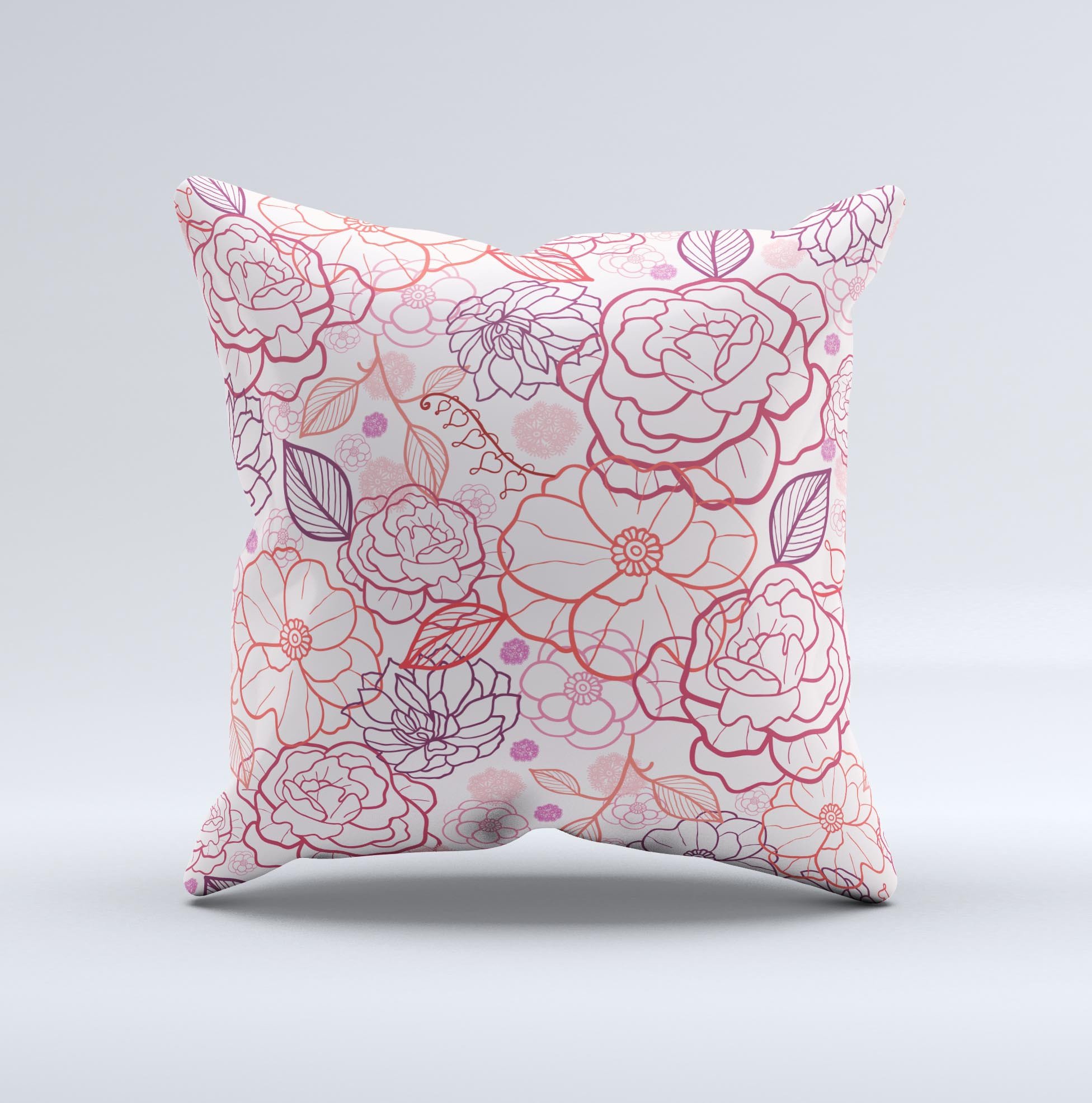 Subtle pink floral illustration decorative throw pillow with high thread count fabric, showcasing a unique handmade design.