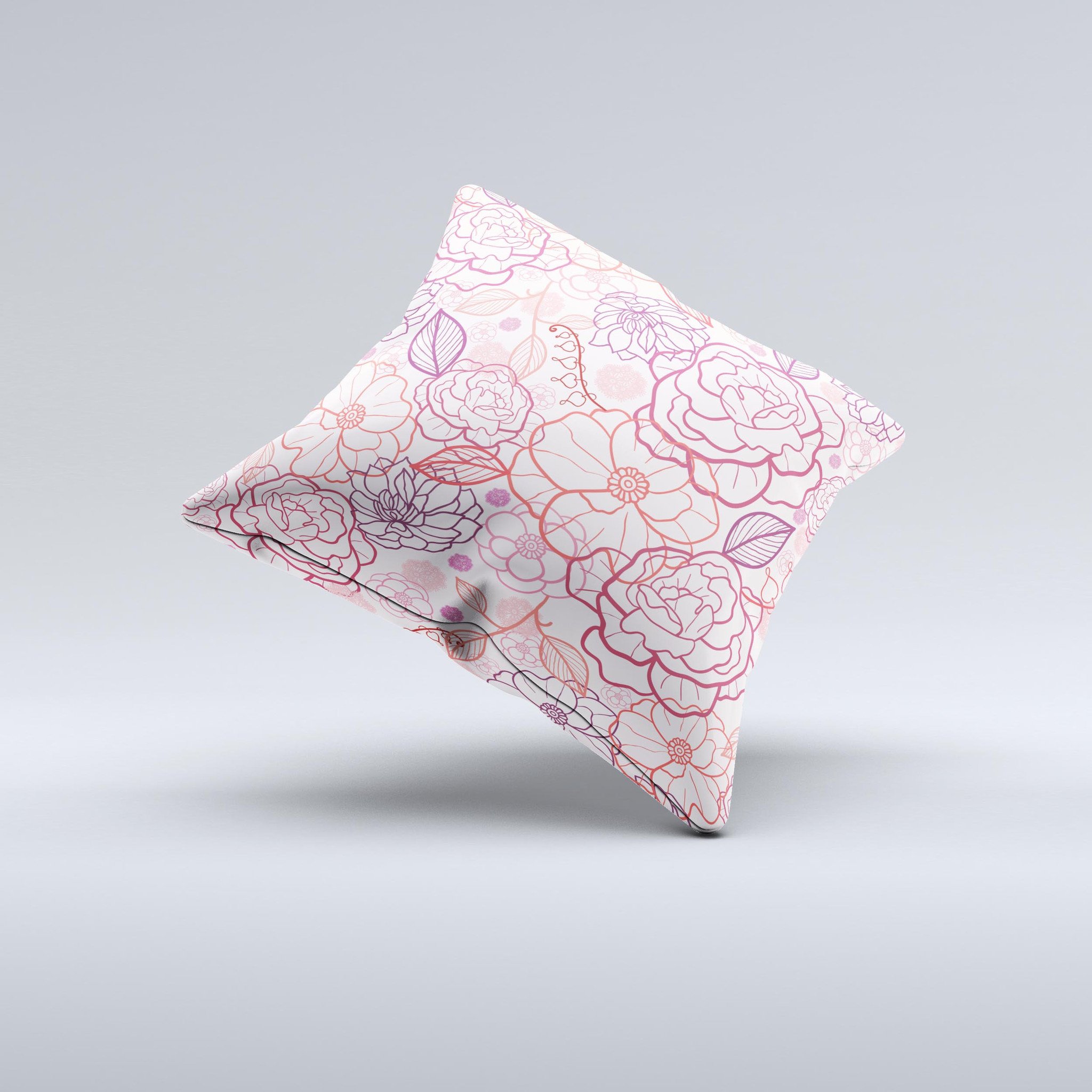 Subtle pink floral illustration decorative throw pillow with high thread count fabric, showcasing a unique handmade design.