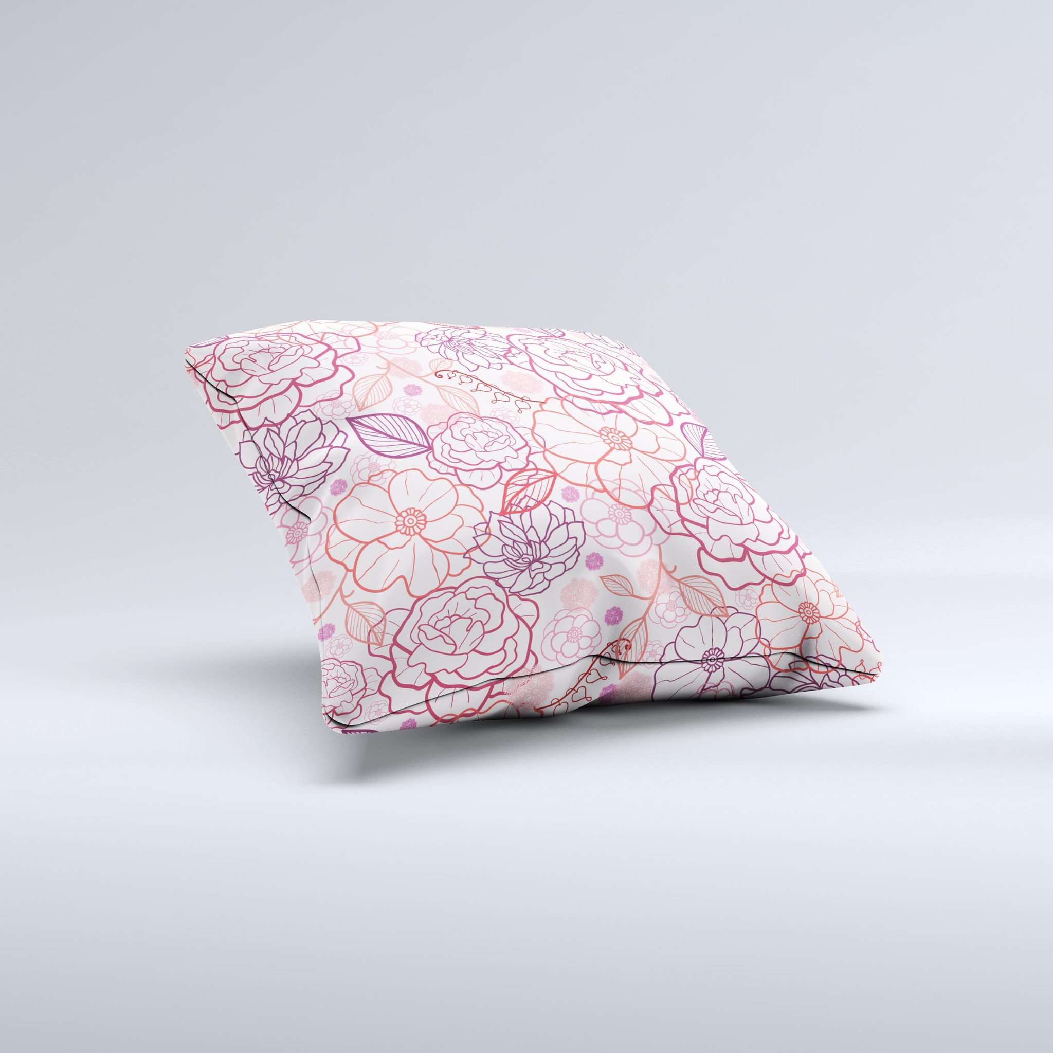 Subtle pink floral illustration decorative throw pillow with high thread count fabric, showcasing a unique handmade design.