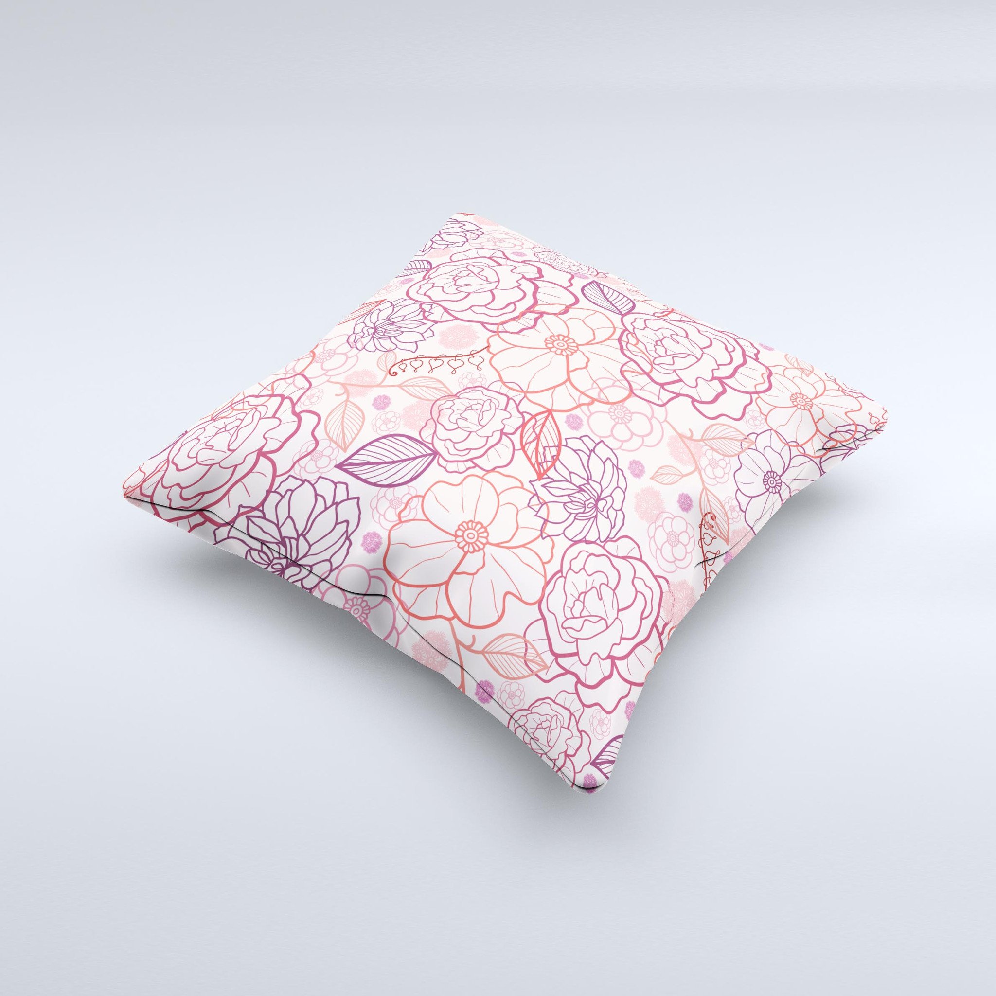 Subtle pink floral illustration decorative throw pillow with high thread count fabric, showcasing a unique handmade design.