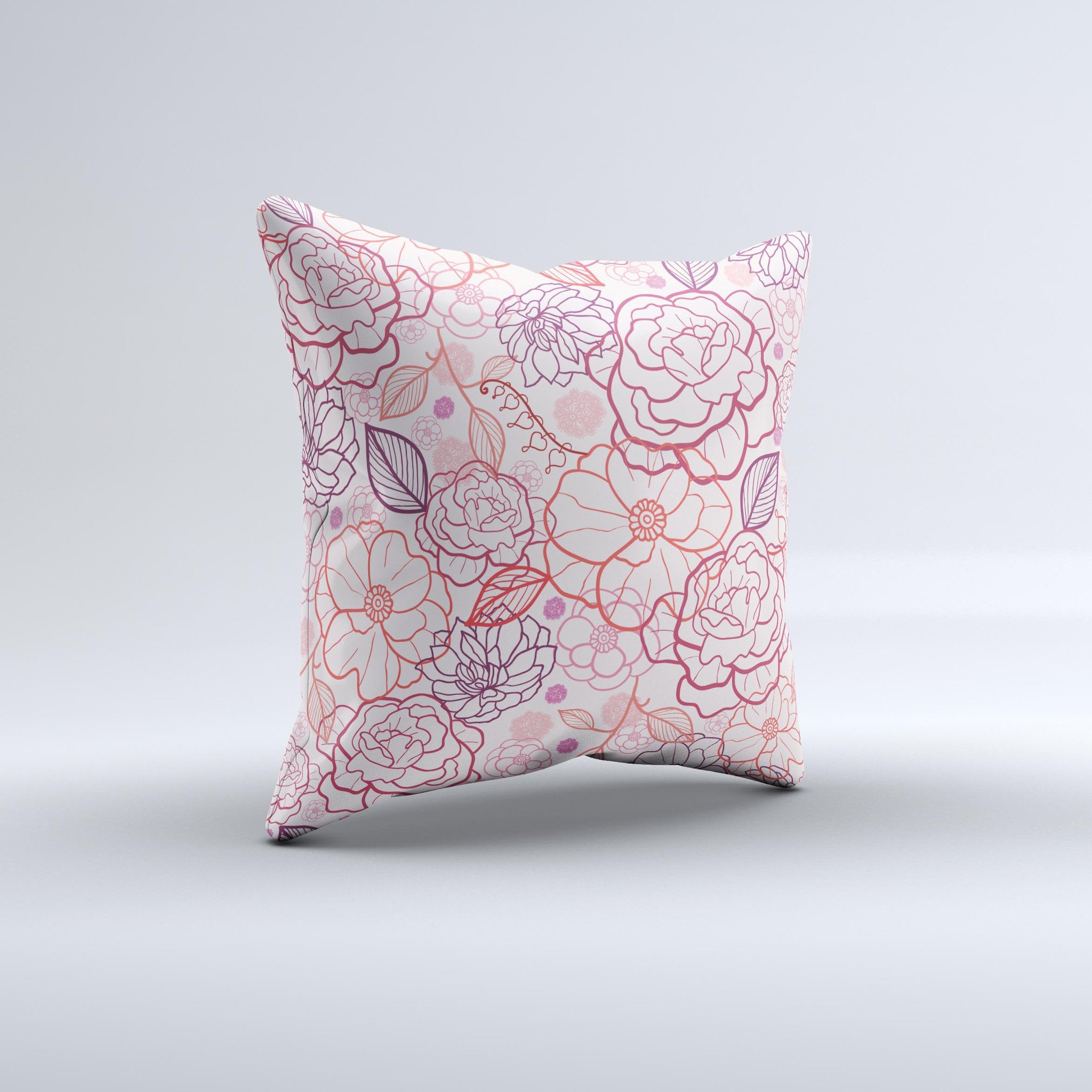 Subtle pink floral illustration decorative throw pillow with high thread count fabric, showcasing a unique handmade design.