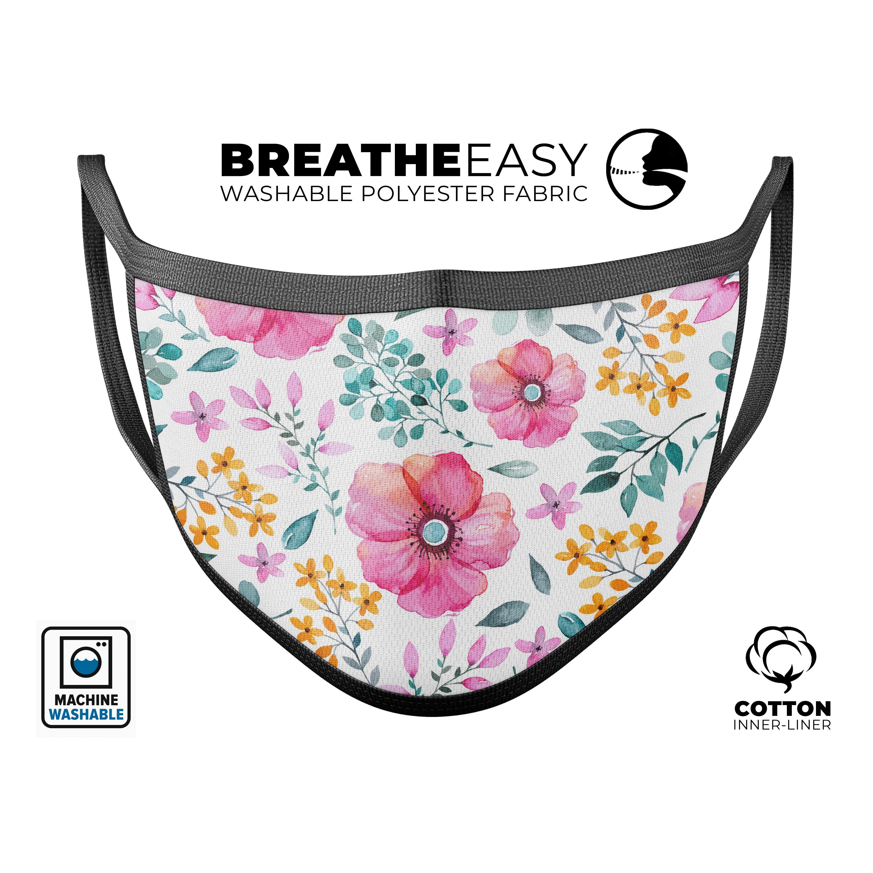 Subtle Watercolor Pink Floral mouth cover, showcasing a beautiful floral design with adjustable ear loops, made in the USA.