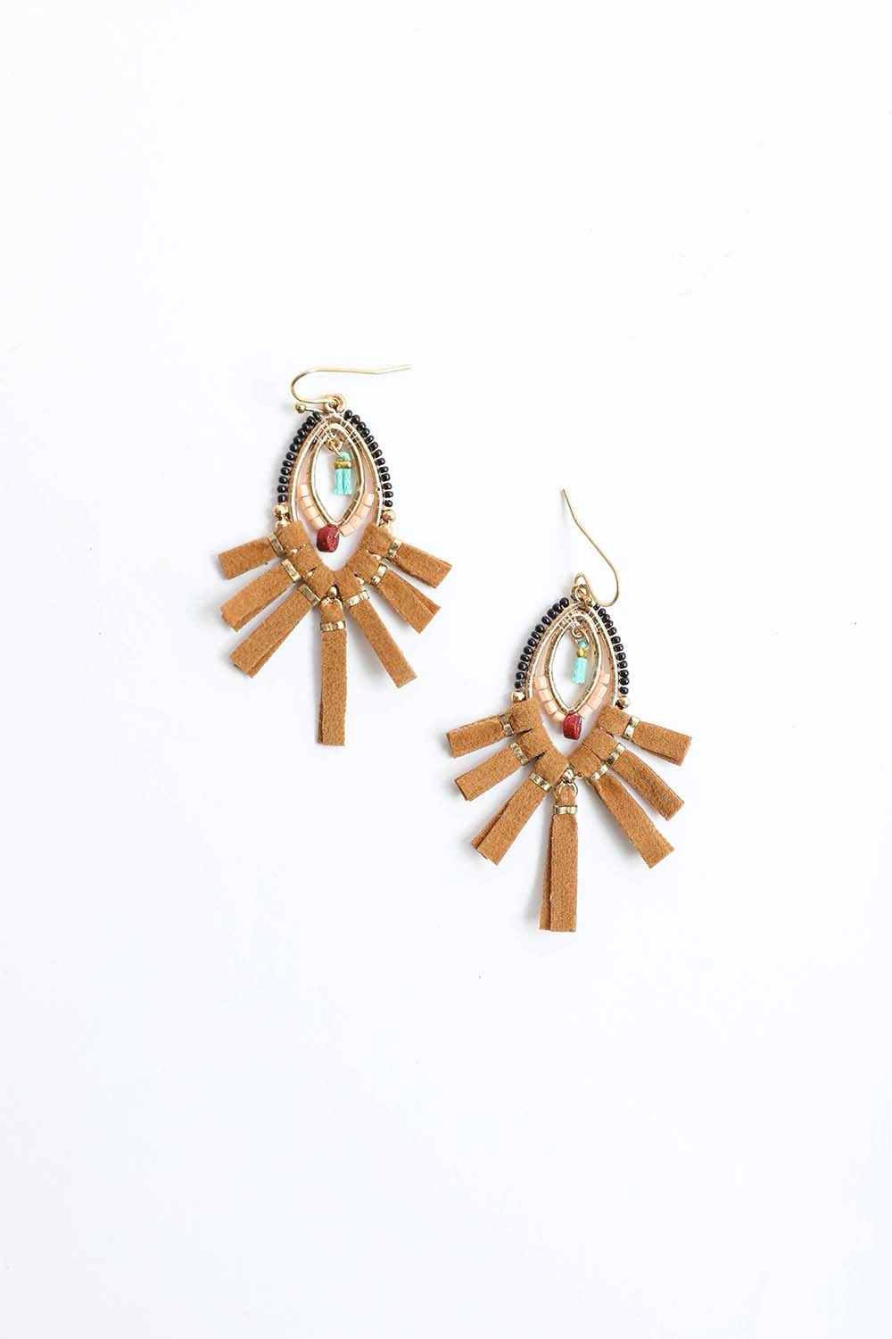 A pair of stylish suede fringe beaded earrings featuring colorful beads and a playful design, perfect for any outfit.