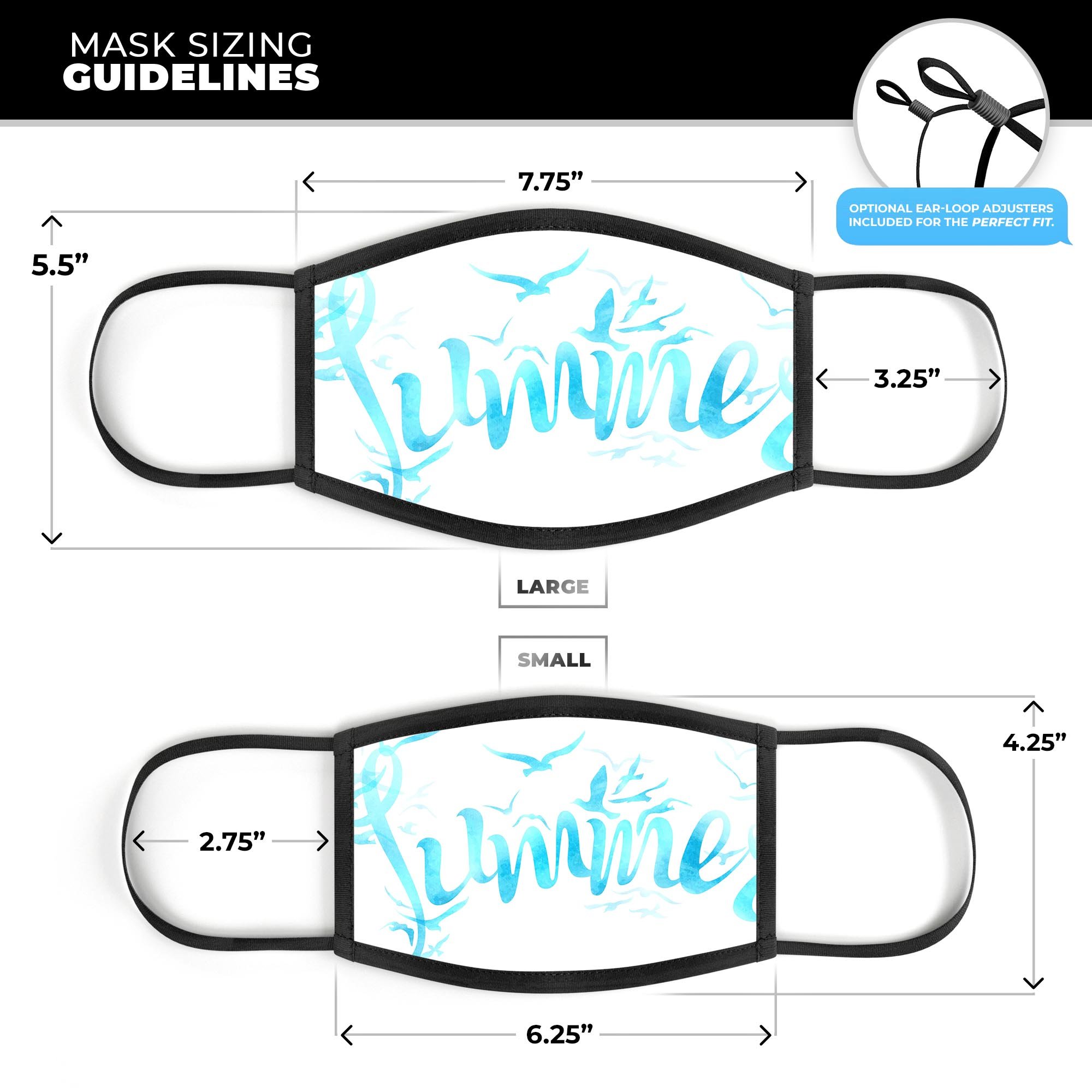 Summer Blue Watercolor Seagulls face mask, featuring a vibrant watercolor design, adjustable ear-loops, and a soft cotton interior for comfort.