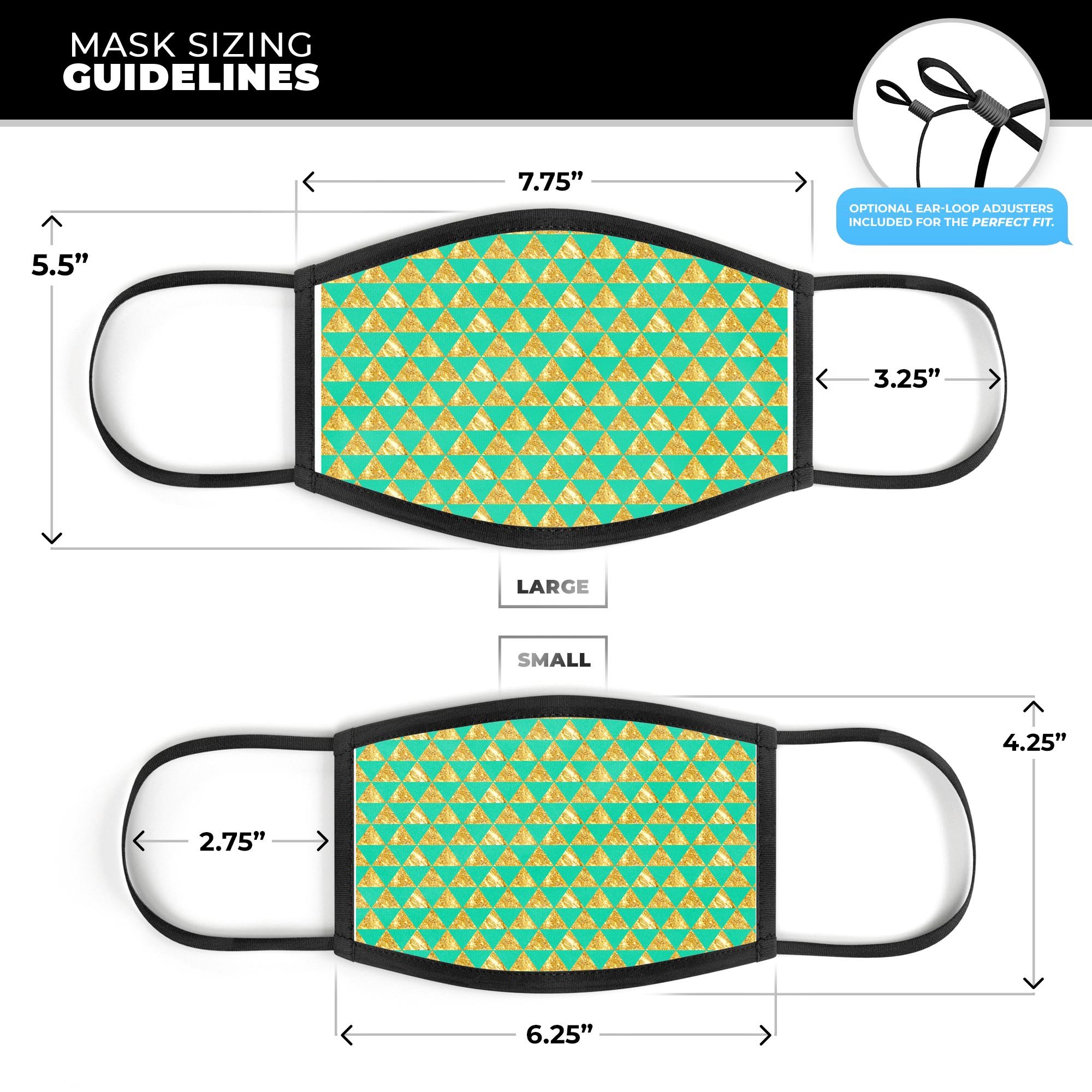 Summer Green and Gold v1 mouth cover, featuring a vibrant design, adjustable ear-loops, and a soft cotton interior for comfort.