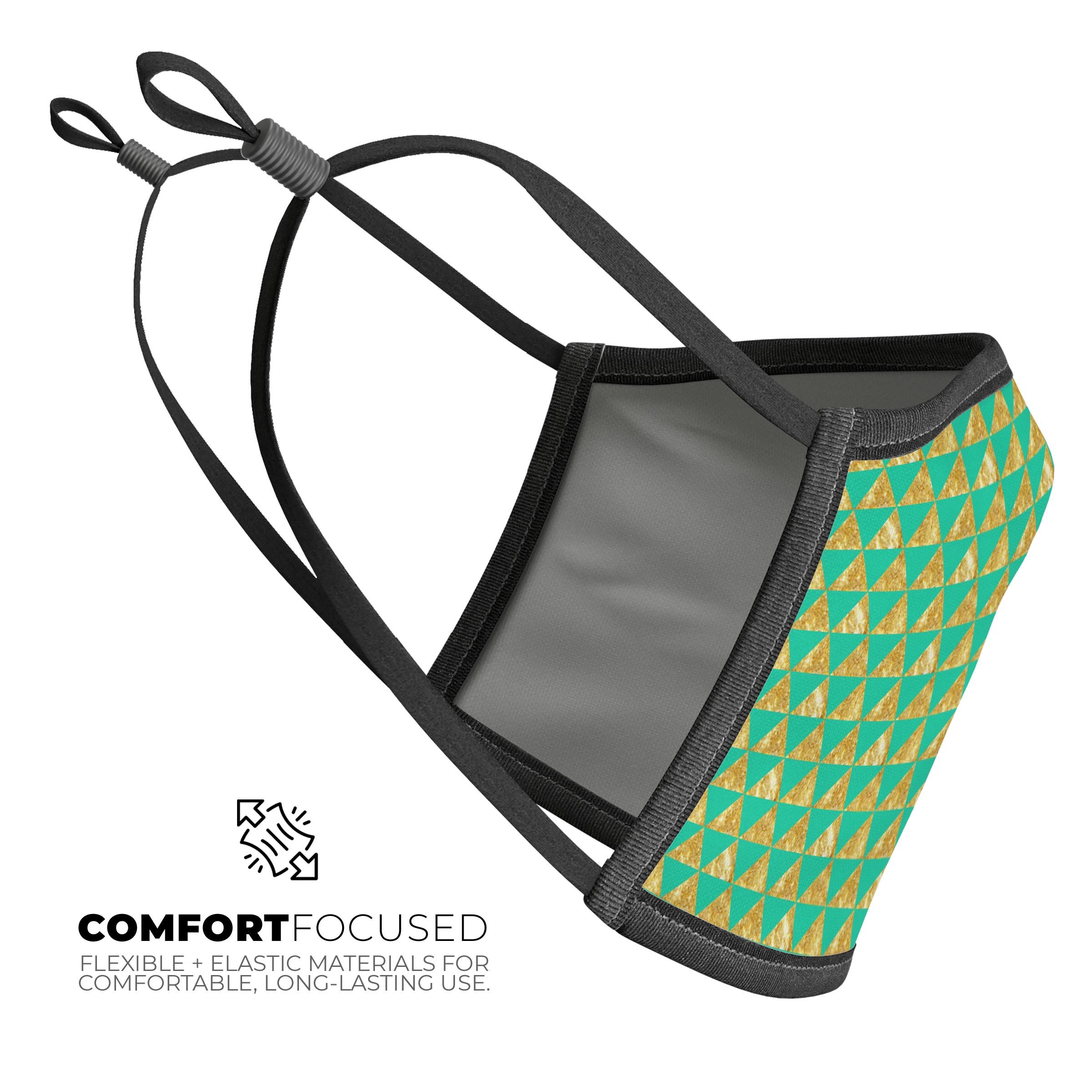 Summer Green and Gold v1 mouth cover, featuring a vibrant design, adjustable ear-loops, and a soft cotton interior for comfort.