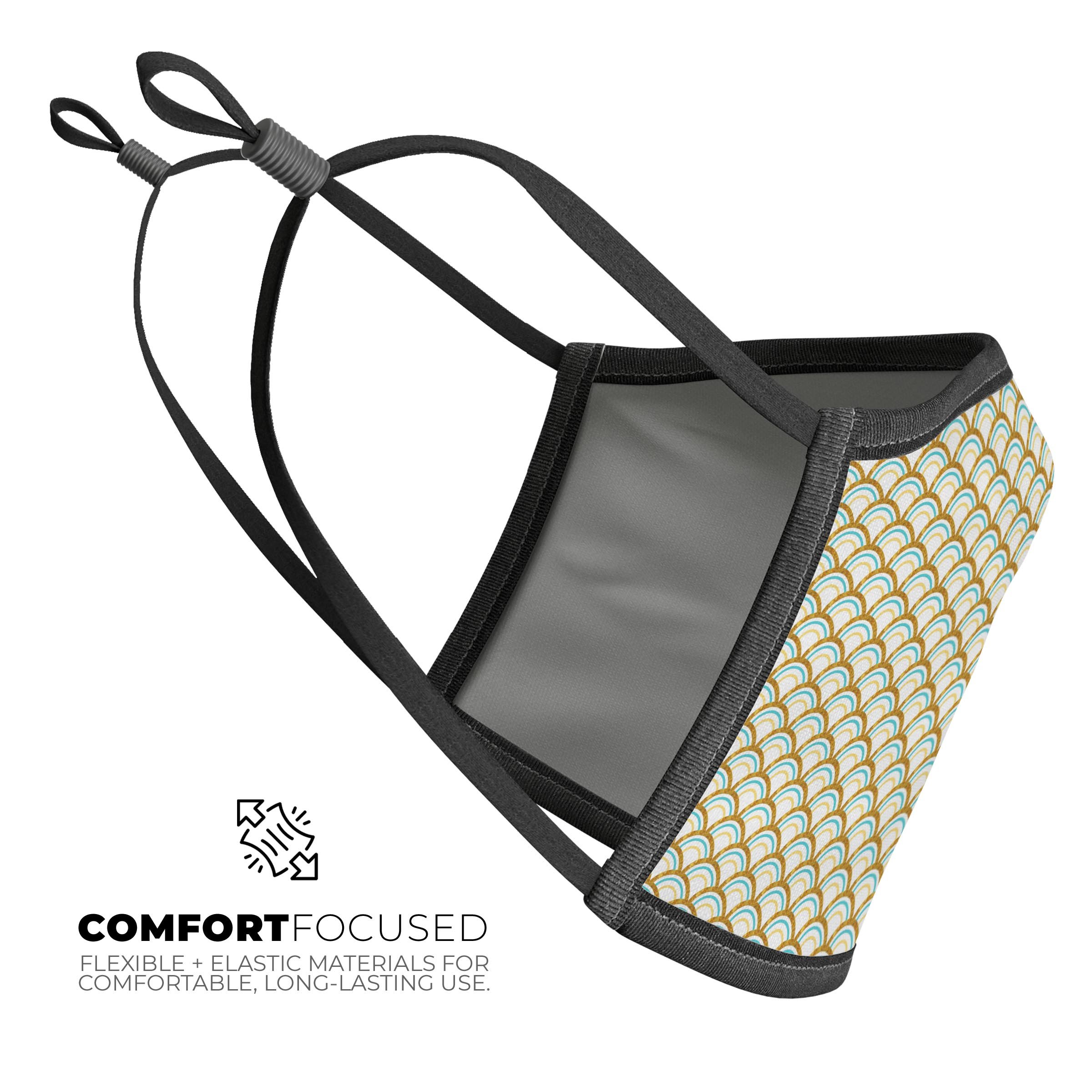 Summer Hoops v1 mouth cover, unisex design, made in USA, featuring adjustable ear loops and breathable cotton interior.