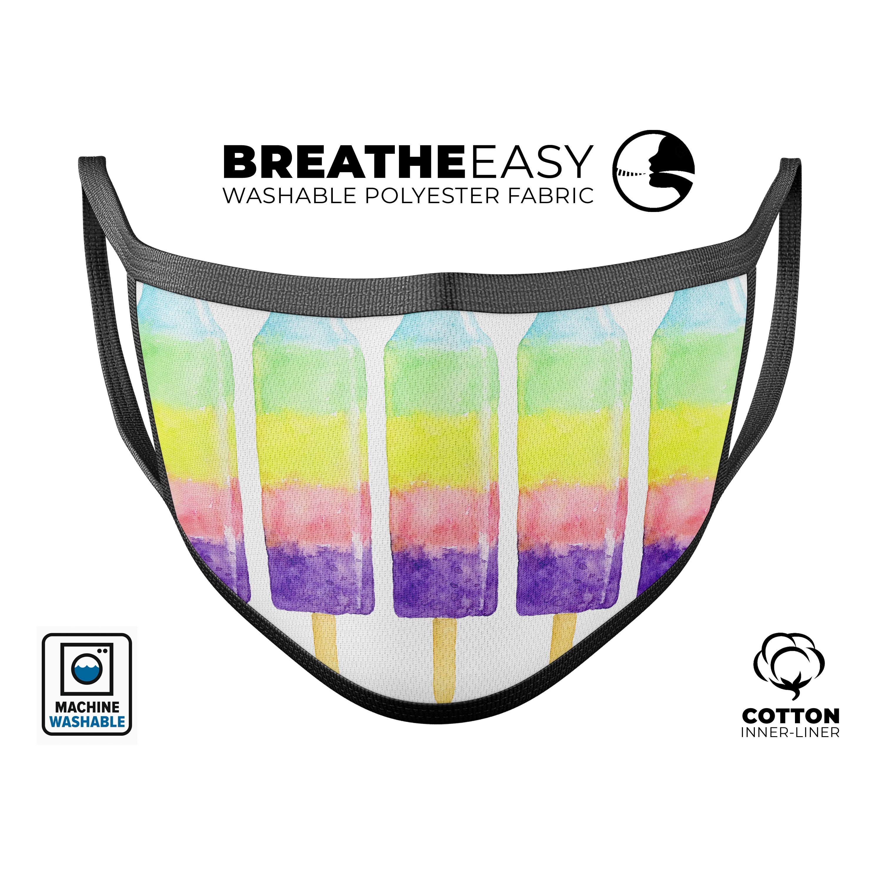 Summer Mode Ice Cream v5 face mask, featuring a colorful ice cream design, adjustable ear-loops, and made from soft cotton and polyester materials.