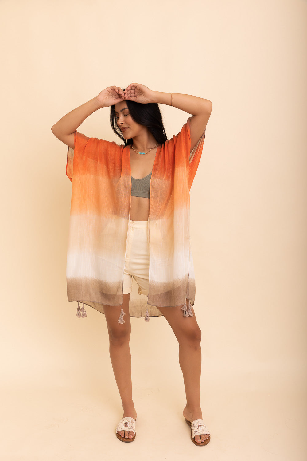 A stylish Summer Multi Gradient Kimono featuring softly-blended colors, perfect for summer outfits.