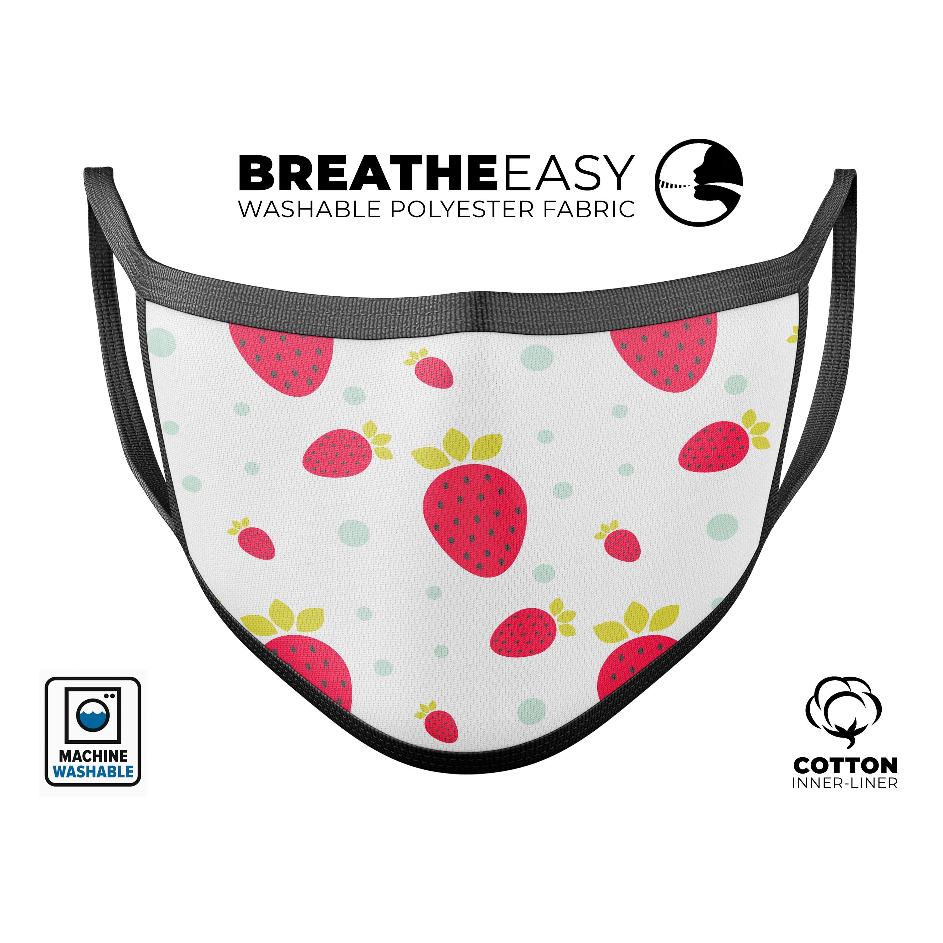 Summer Strawberries v1 mouth cover, unisex design, made in the USA, featuring vibrant strawberry print and adjustable ear loops.