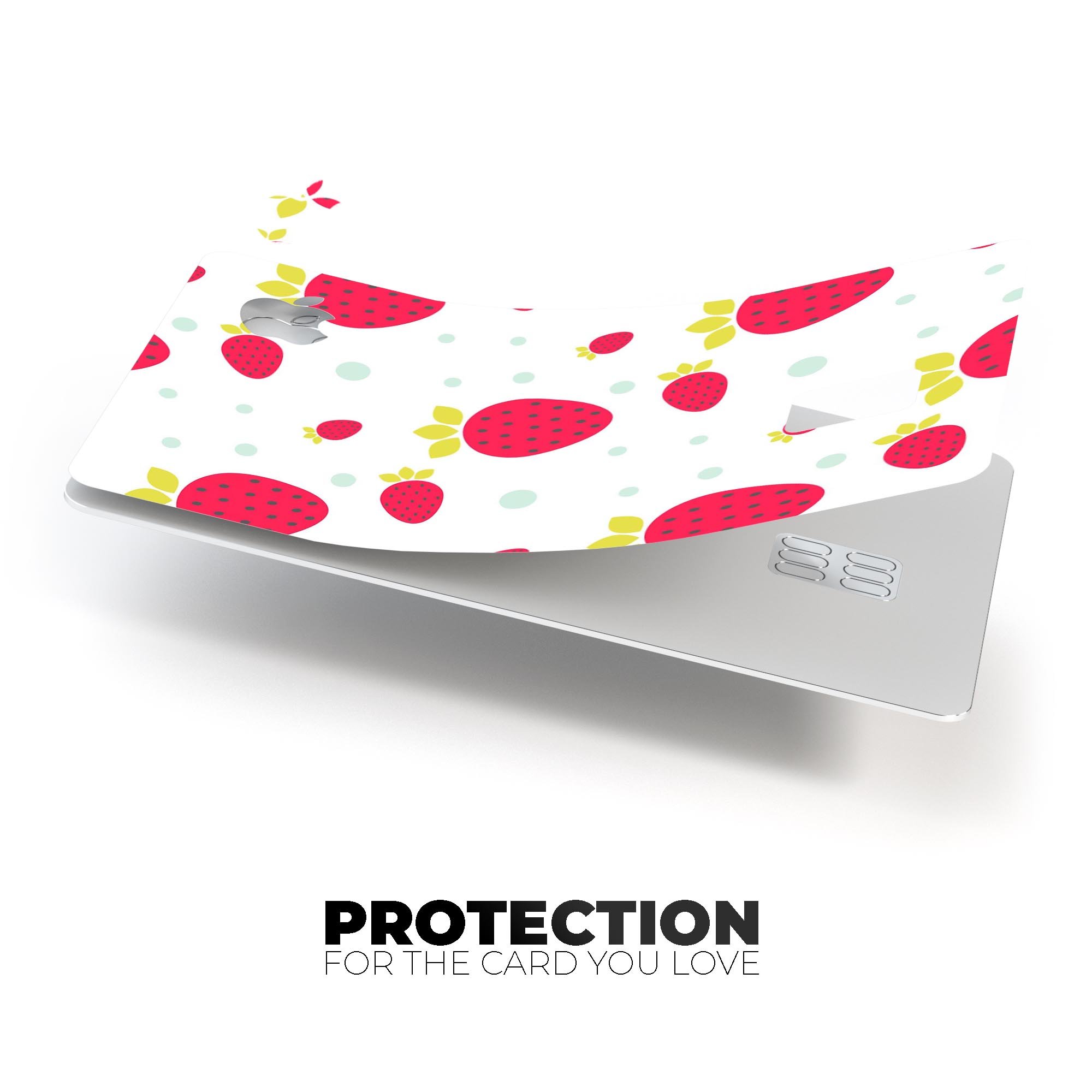 Summer Strawberries Premium Protective Decal Skin-Kit for Apple Card, showcasing vibrant strawberry design on a sleek vinyl surface.