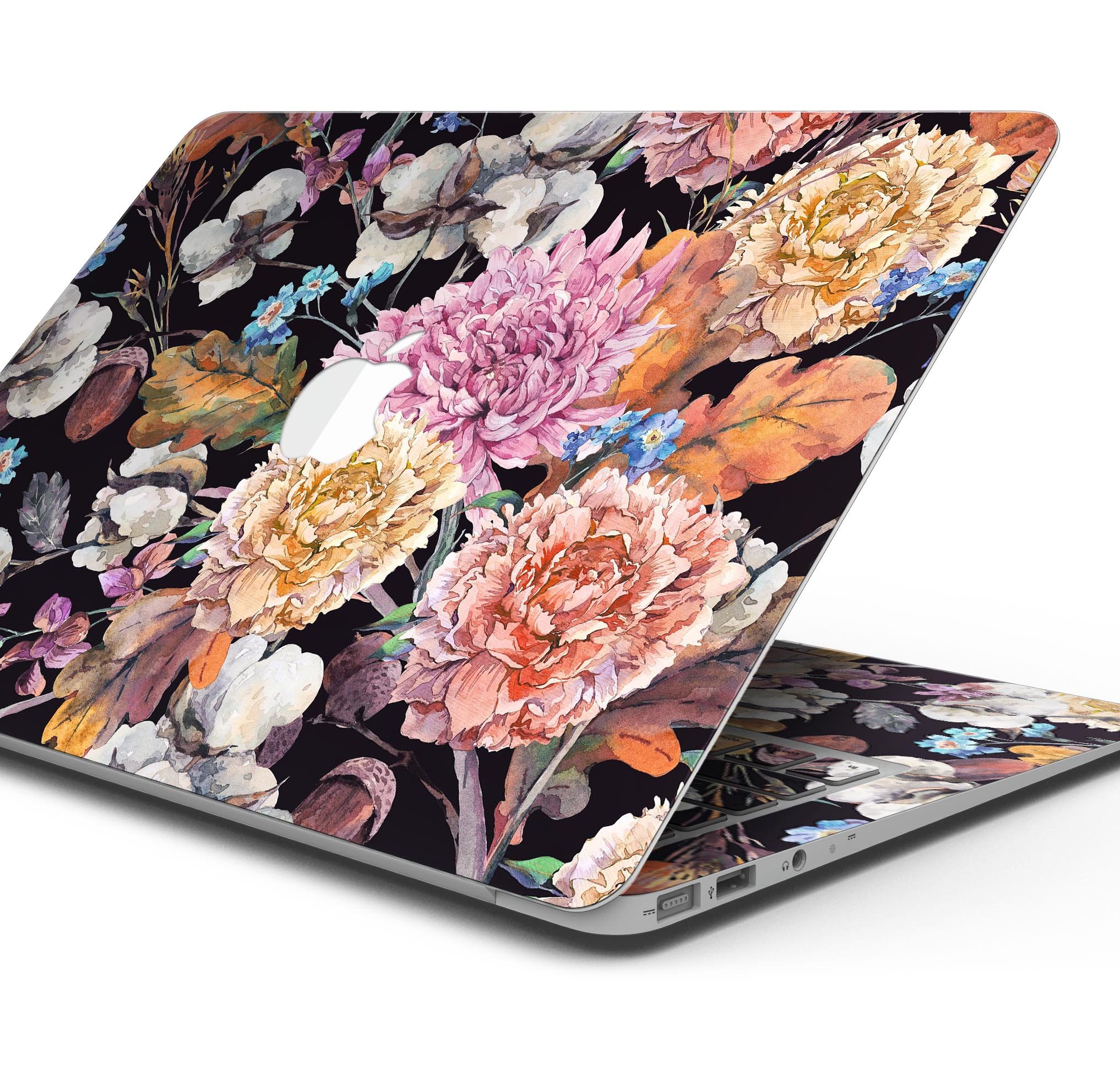 Summer Watercolor Floral Skin Decal Wrap Kit for MacBook, featuring a vibrant floral design on premium vinyl material.