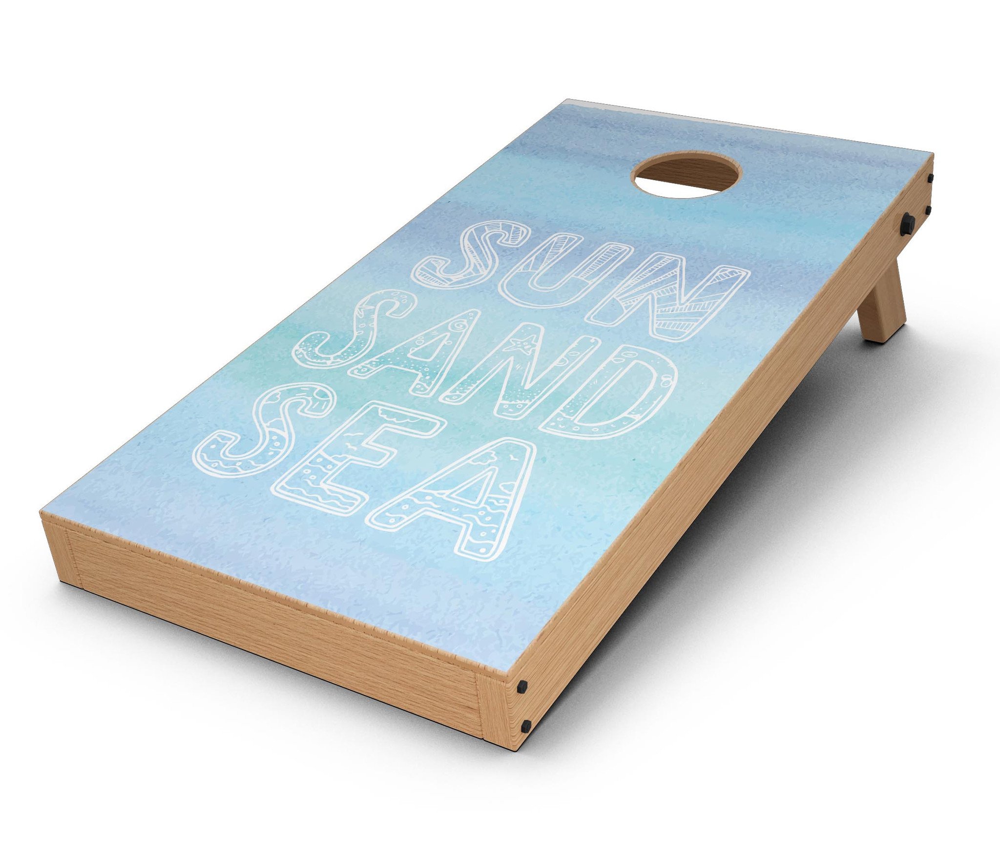 Sun Sand Sea CornHole Board Skin Decal Kit featuring vibrant beach-themed design for outdoor games.