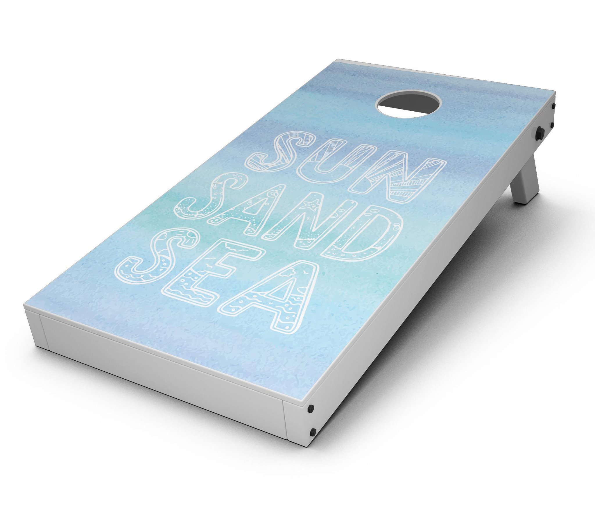 Sun Sand Sea CornHole Board Skin Decal Kit featuring vibrant beach-themed design for outdoor games.