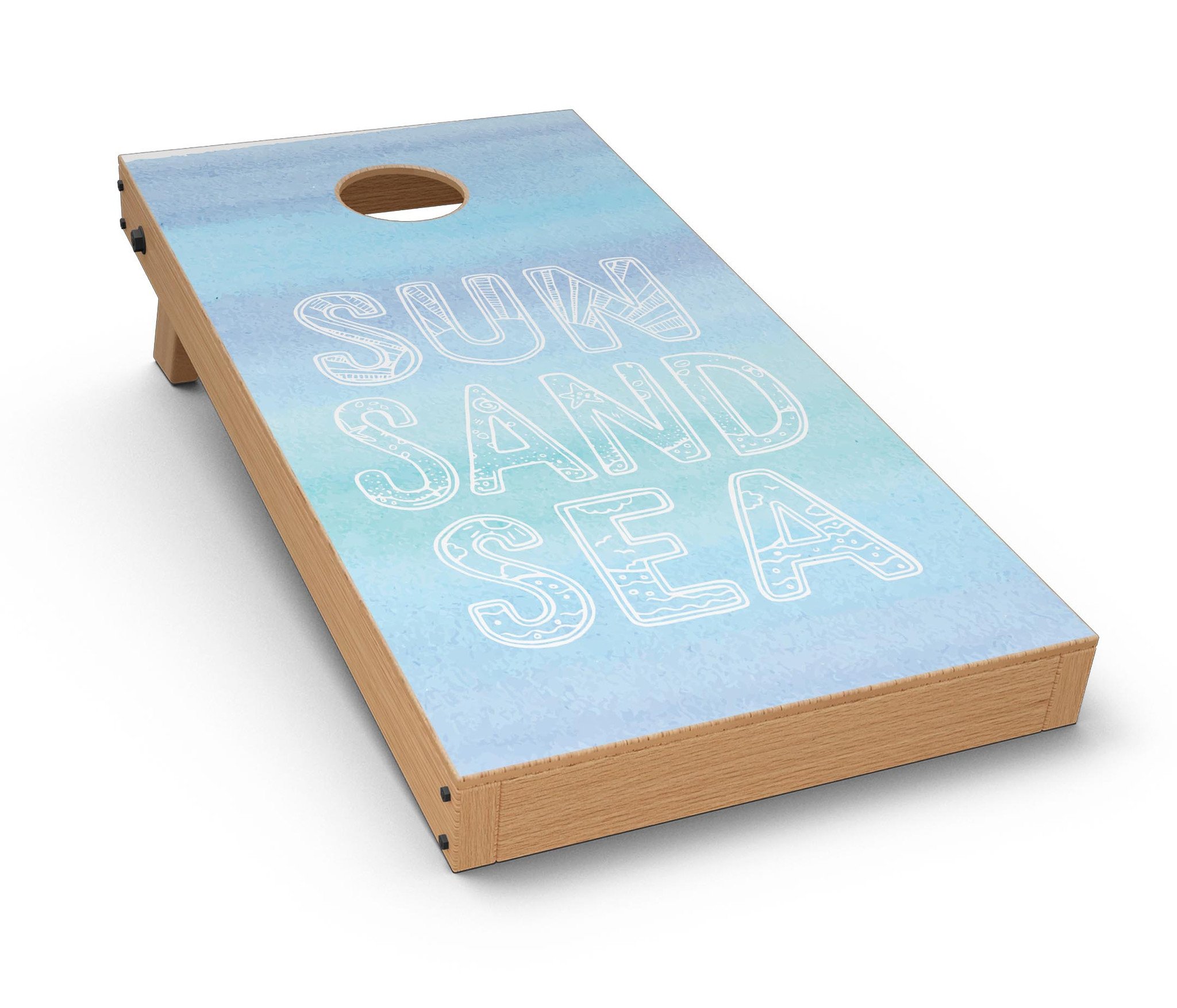 Sun Sand Sea CornHole Board Skin Decal Kit featuring vibrant beach-themed design for outdoor games.