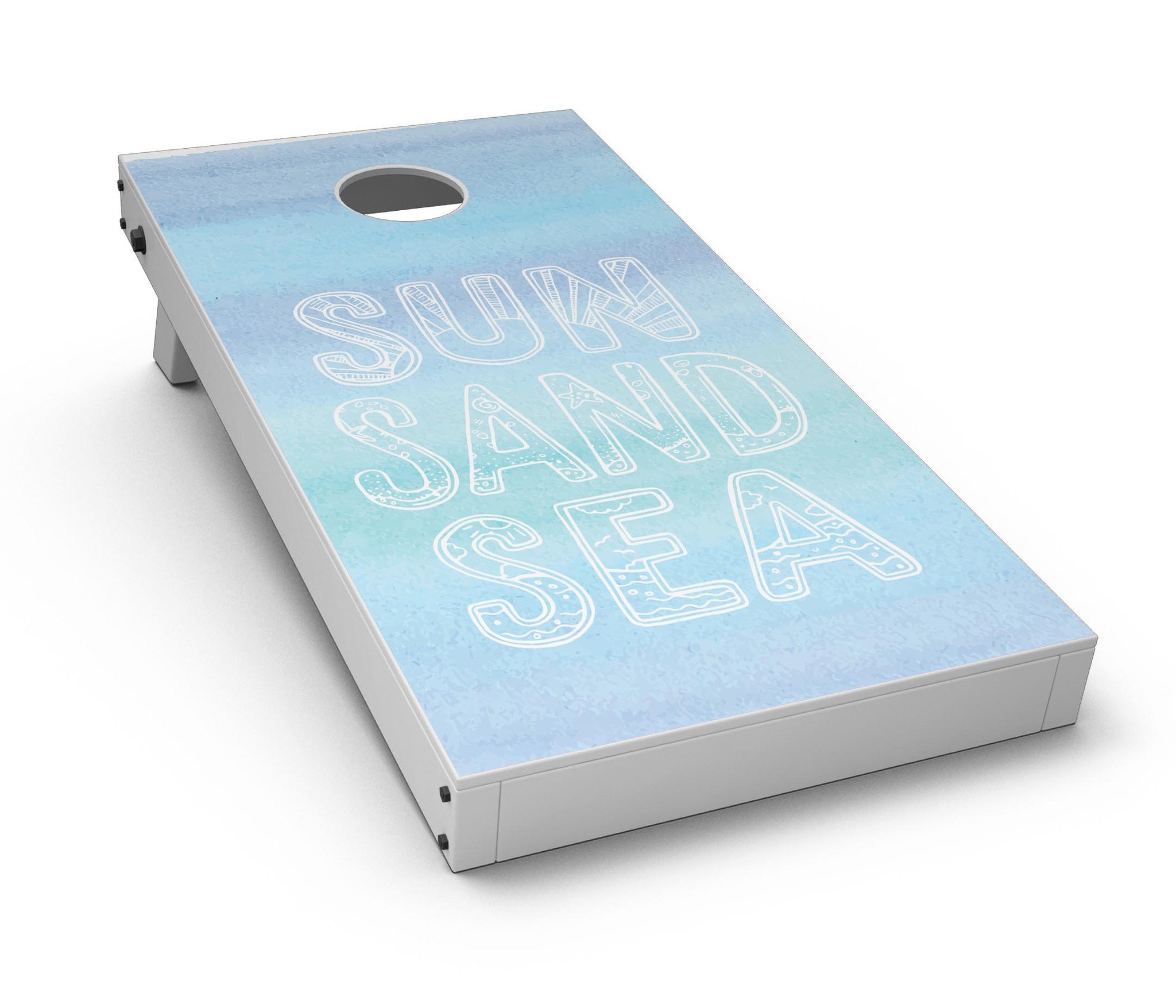 Sun Sand Sea CornHole Board Skin Decal Kit featuring vibrant beach-themed design for outdoor games.