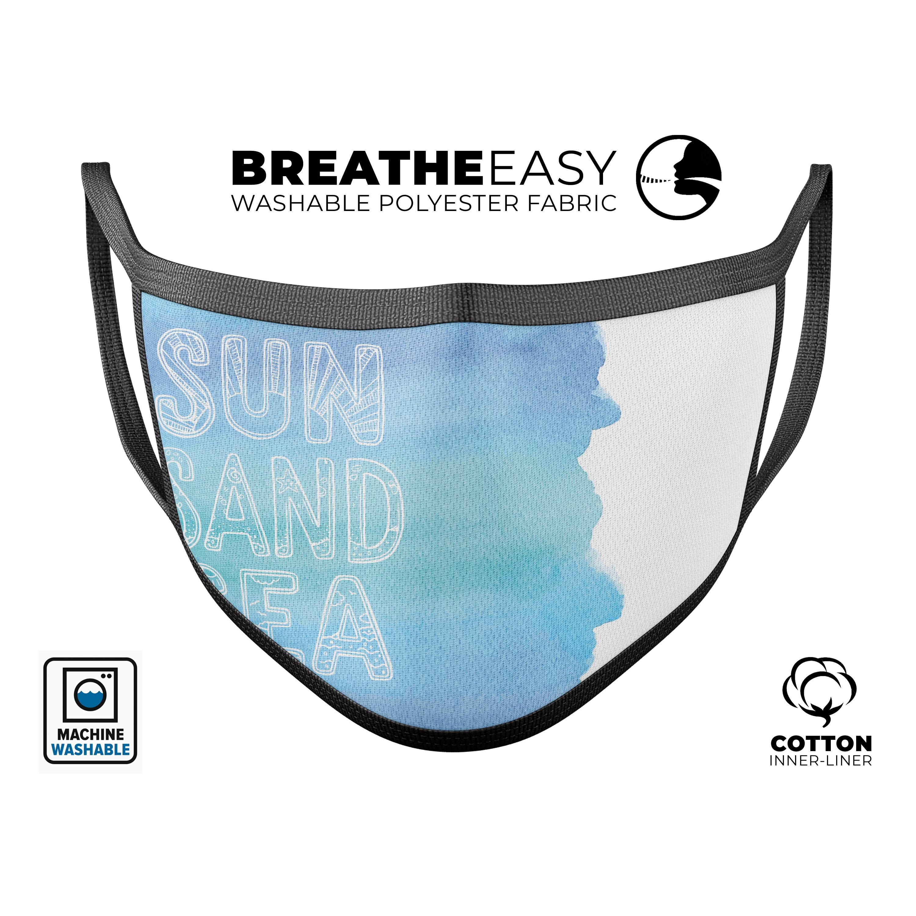 Sun Sand Sea mouth cover, a unisex anti-dust cotton blend mask featuring adjustable ear-loops and vibrant dye-sublimated design, made in the USA.