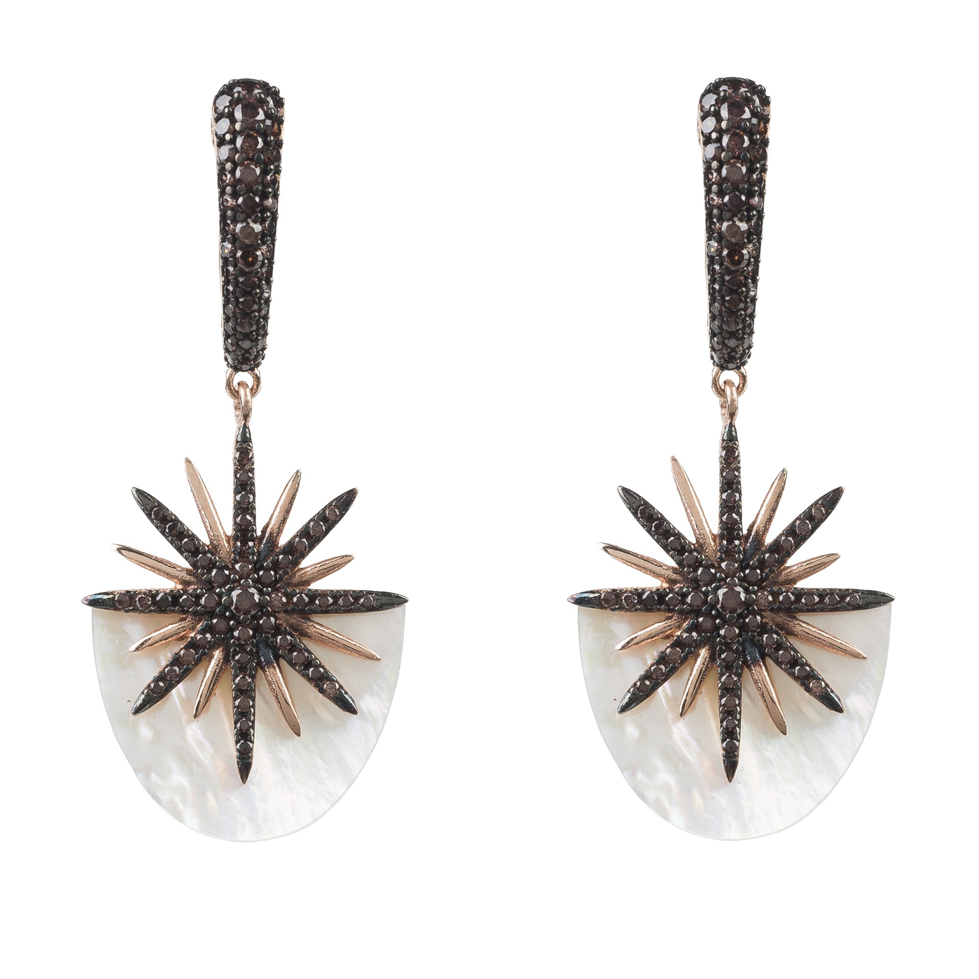 Elegant Sunburst White Mother Of Pearl Earrings in Rosegold with sparkling zircon detailing, showcasing a starburst design.