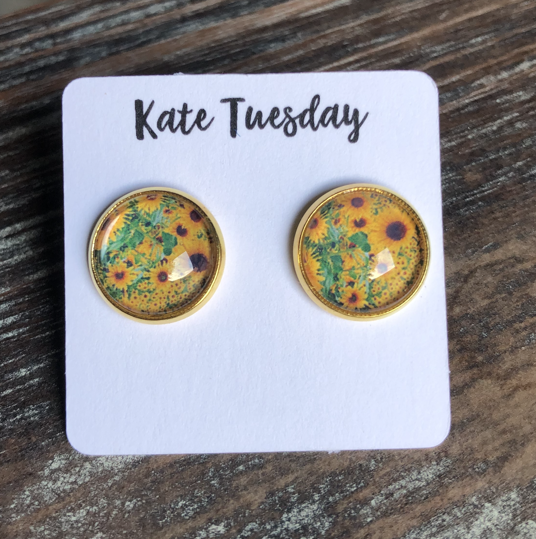 Elegant Sunflower 12mm Round Stud Earrings in gold setting, nickel and lead-free, perfect for sensitive ears.