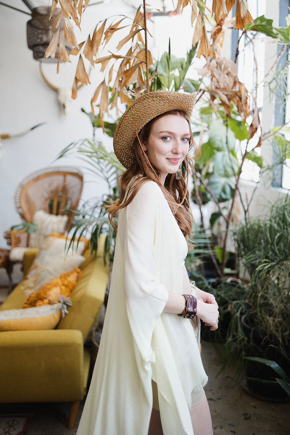 A vibrant Sun-kissed Breeze Frayed Trim Kimono with playful frayed edges, perfect for summer styling.