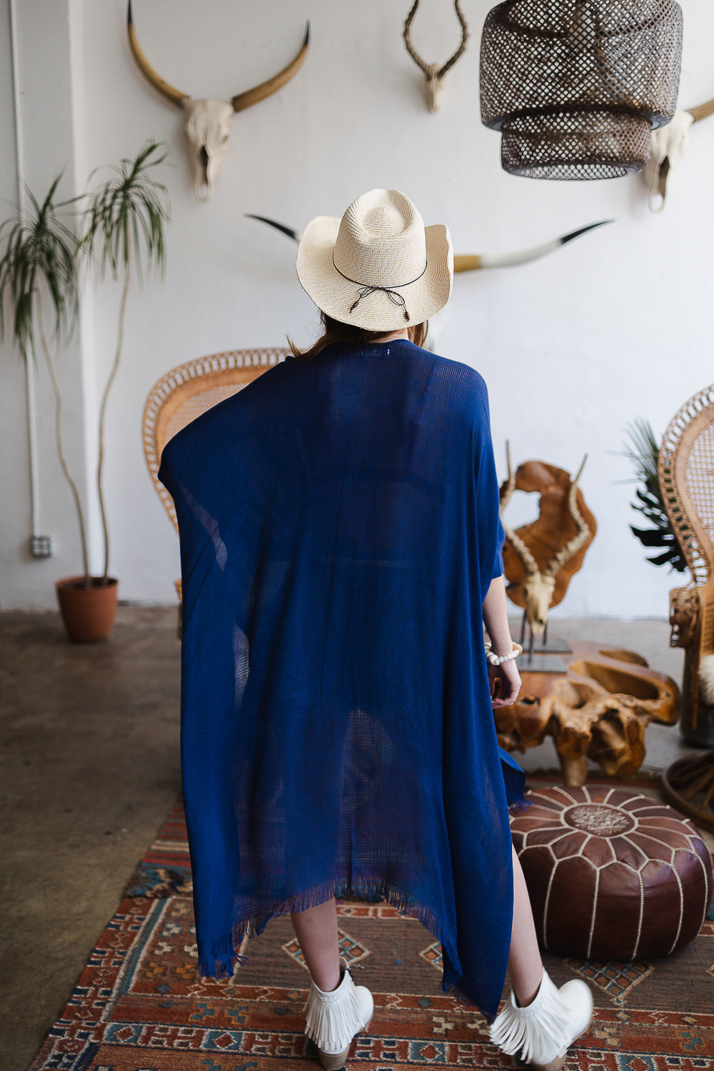 A vibrant Sun-kissed Breeze Frayed Trim Kimono with playful frayed edges, perfect for summer styling.