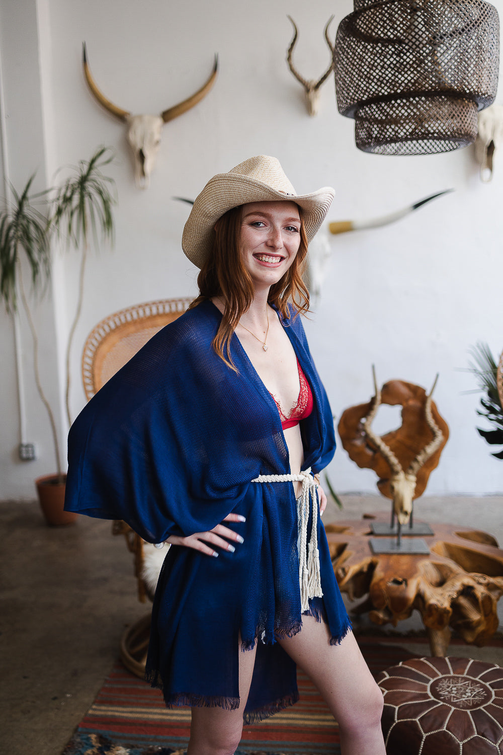 A vibrant Sun-kissed Breeze Frayed Trim Kimono with playful frayed edges, perfect for summer styling.