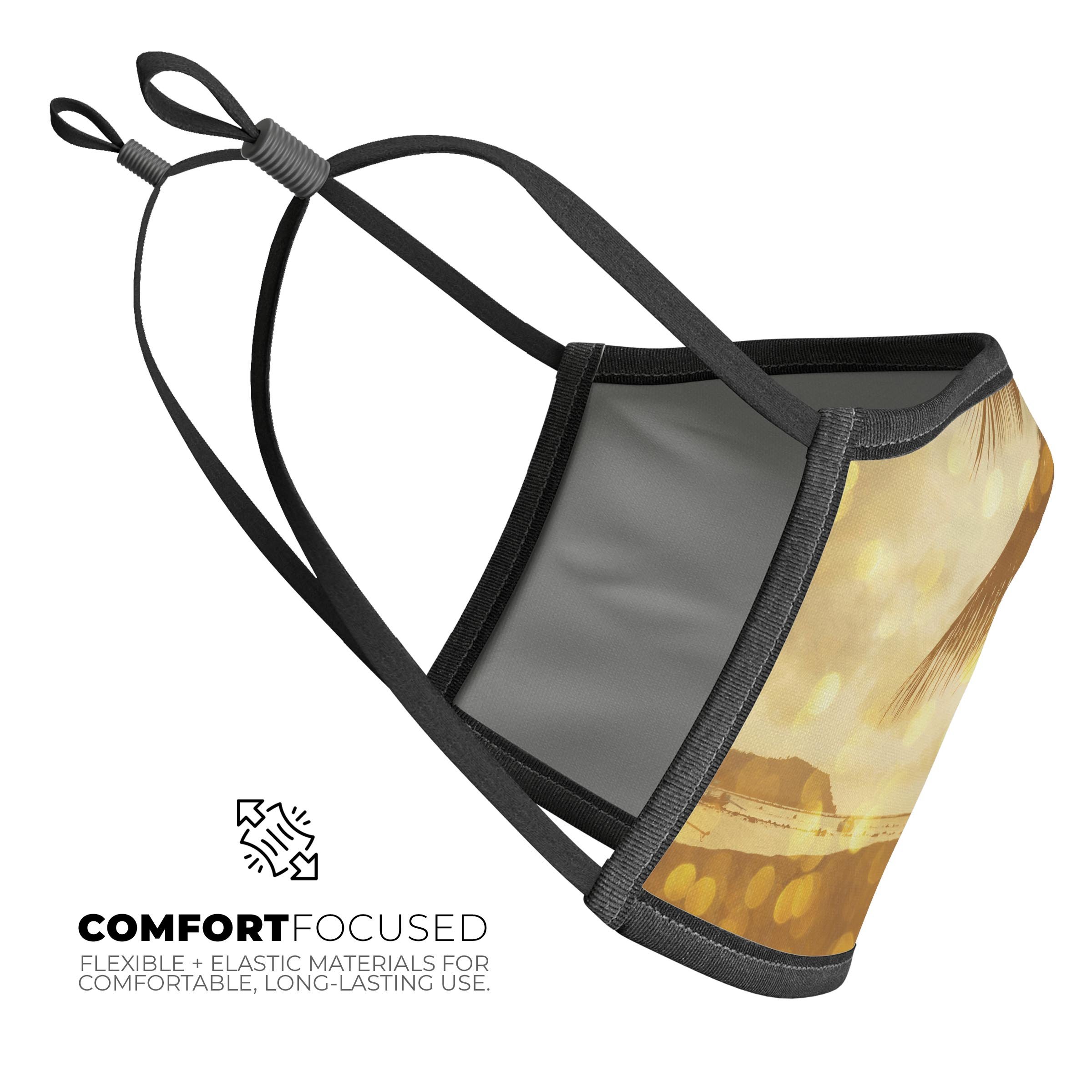 Sun-Kissed Day V1 mouth cover, a stylish unisex anti-dust cotton mask with adjustable ear loops, made in the USA.