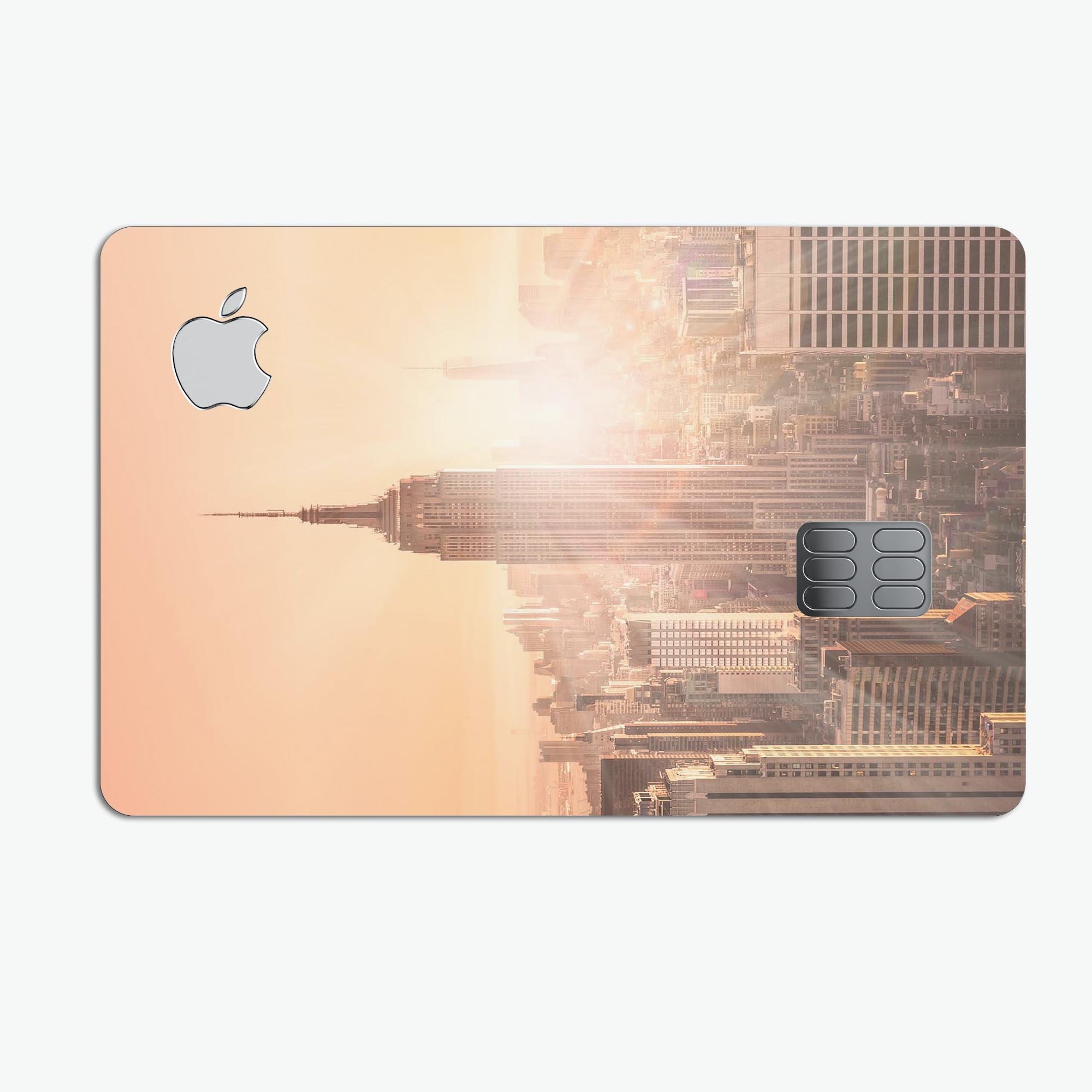 Sunny Blur Empire State decal skin-kit for Apple Card, showcasing premium vinyl design and bubble-free installation features.