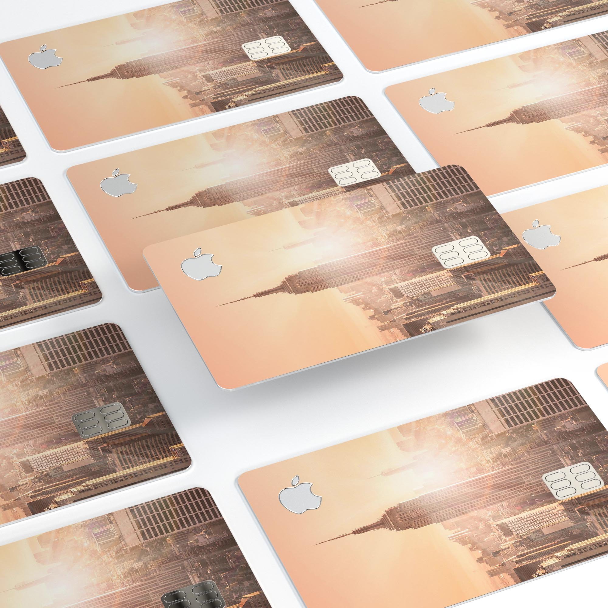 Sunny Blur Empire State decal skin-kit for Apple Card, showcasing premium vinyl design and bubble-free installation features.