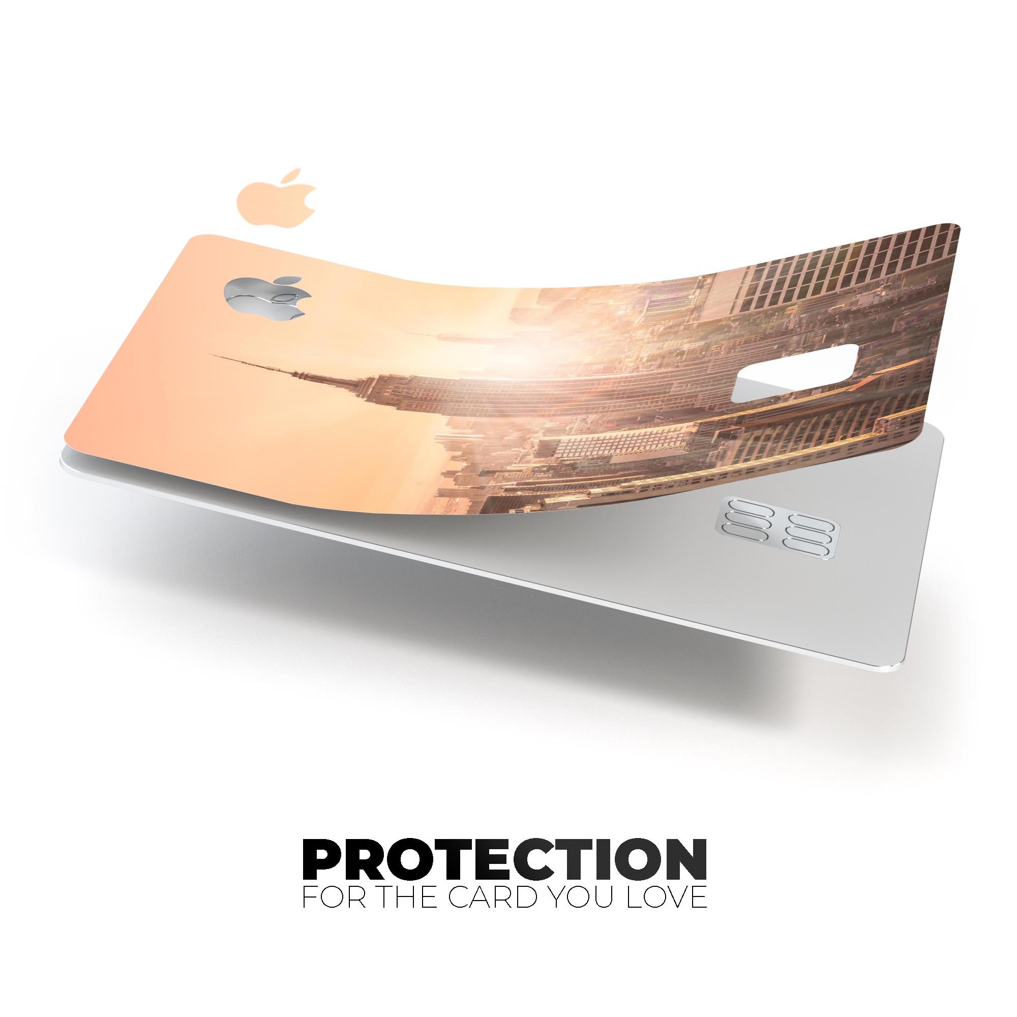 Sunny Blur Empire State decal skin-kit for Apple Card, showcasing premium vinyl design and bubble-free installation features.