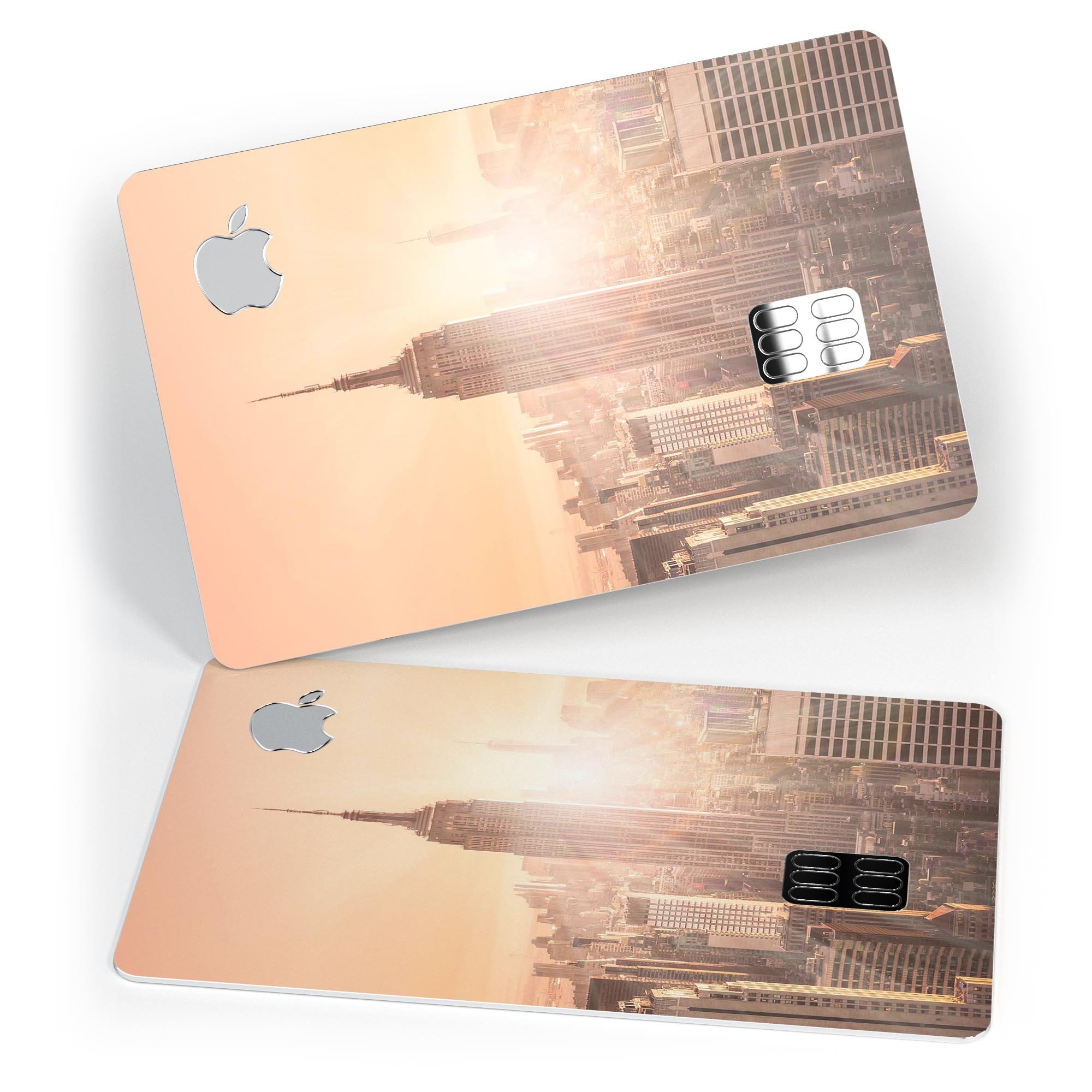 Sunny Blur Empire State decal skin-kit for Apple Card, showcasing premium vinyl design and bubble-free installation features.