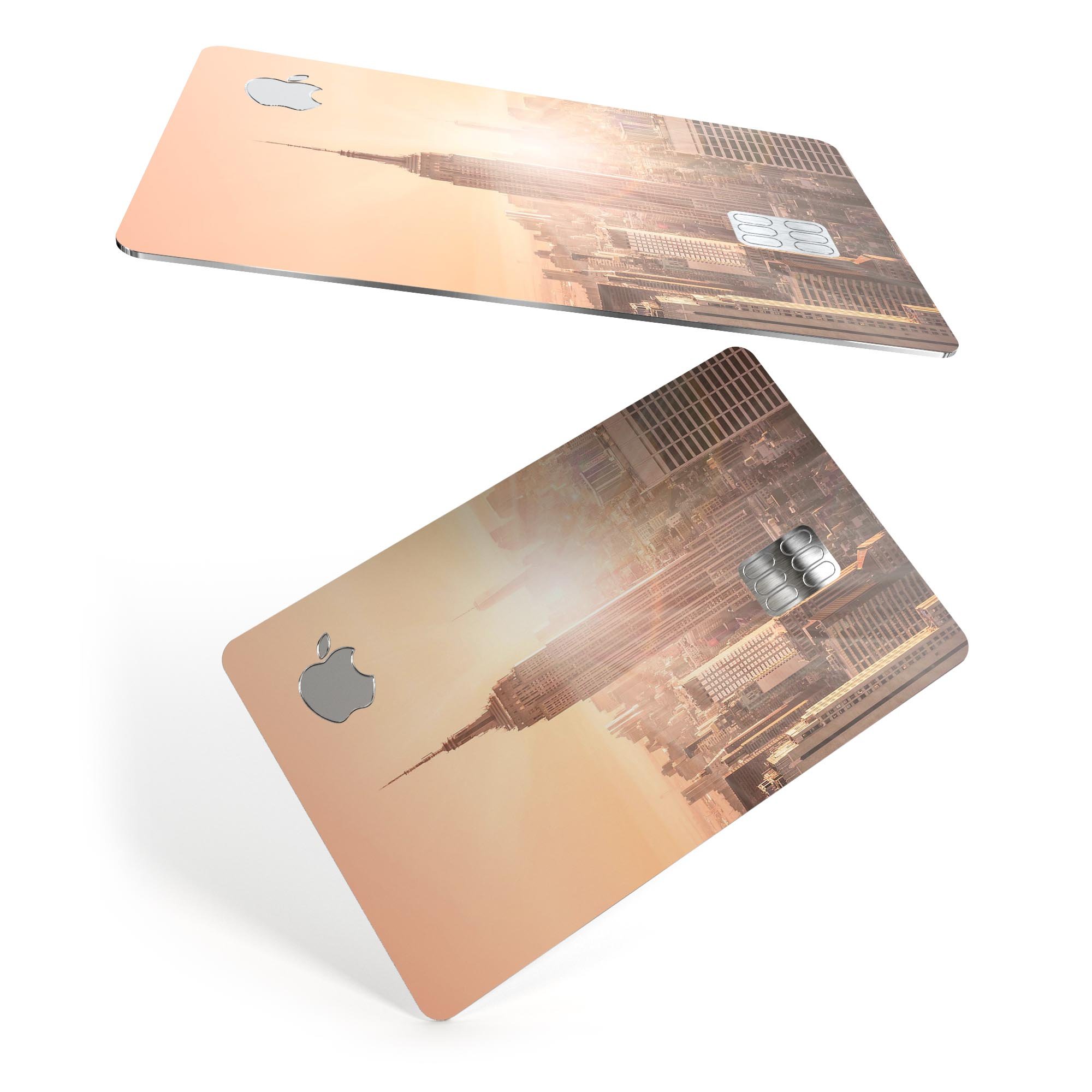 Sunny Blur Empire State decal skin-kit for Apple Card, showcasing premium vinyl design and bubble-free installation features.