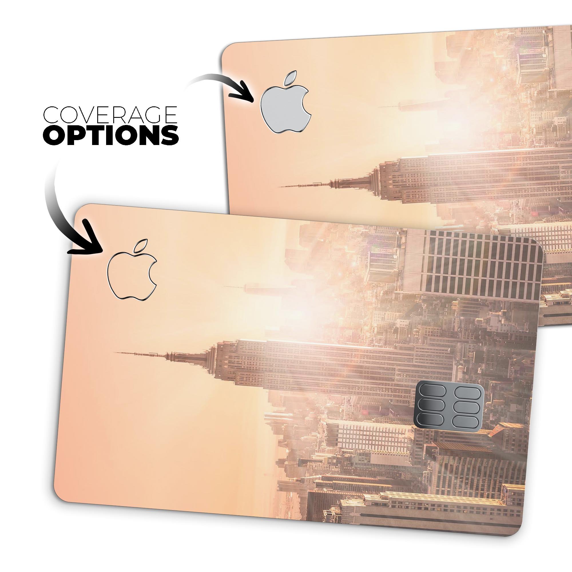 Sunny Blur Empire State decal skin-kit for Apple Card, showcasing premium vinyl design and bubble-free installation features.