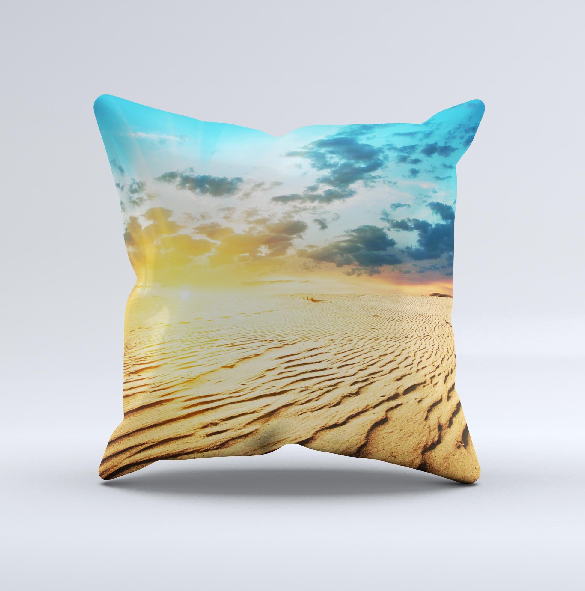 Sunny Day Desert ink-Fuzed Decorative Throw Pillow featuring a vibrant desert design, handcrafted with high-quality materials in Virginia.