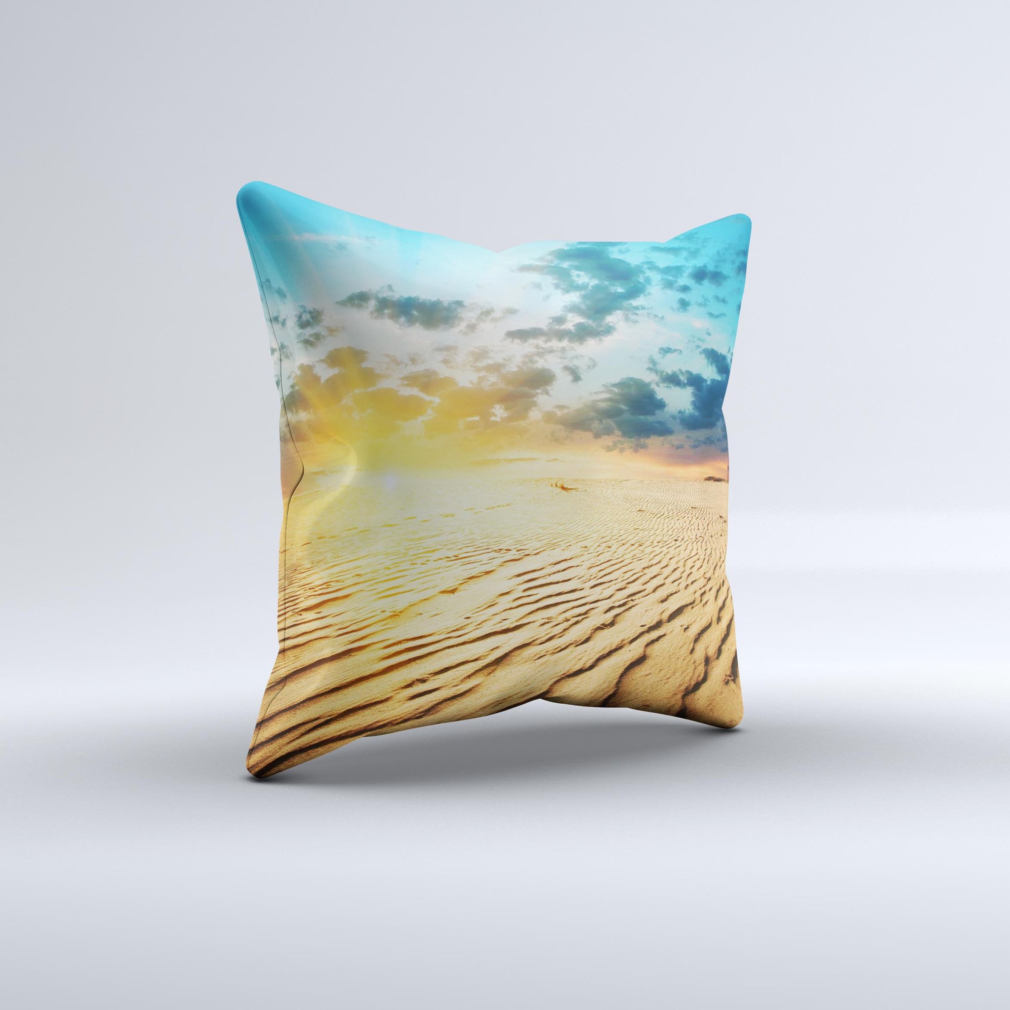 Sunny Day Desert ink-Fuzed Decorative Throw Pillow featuring a vibrant desert design, handcrafted with high-quality materials in Virginia.