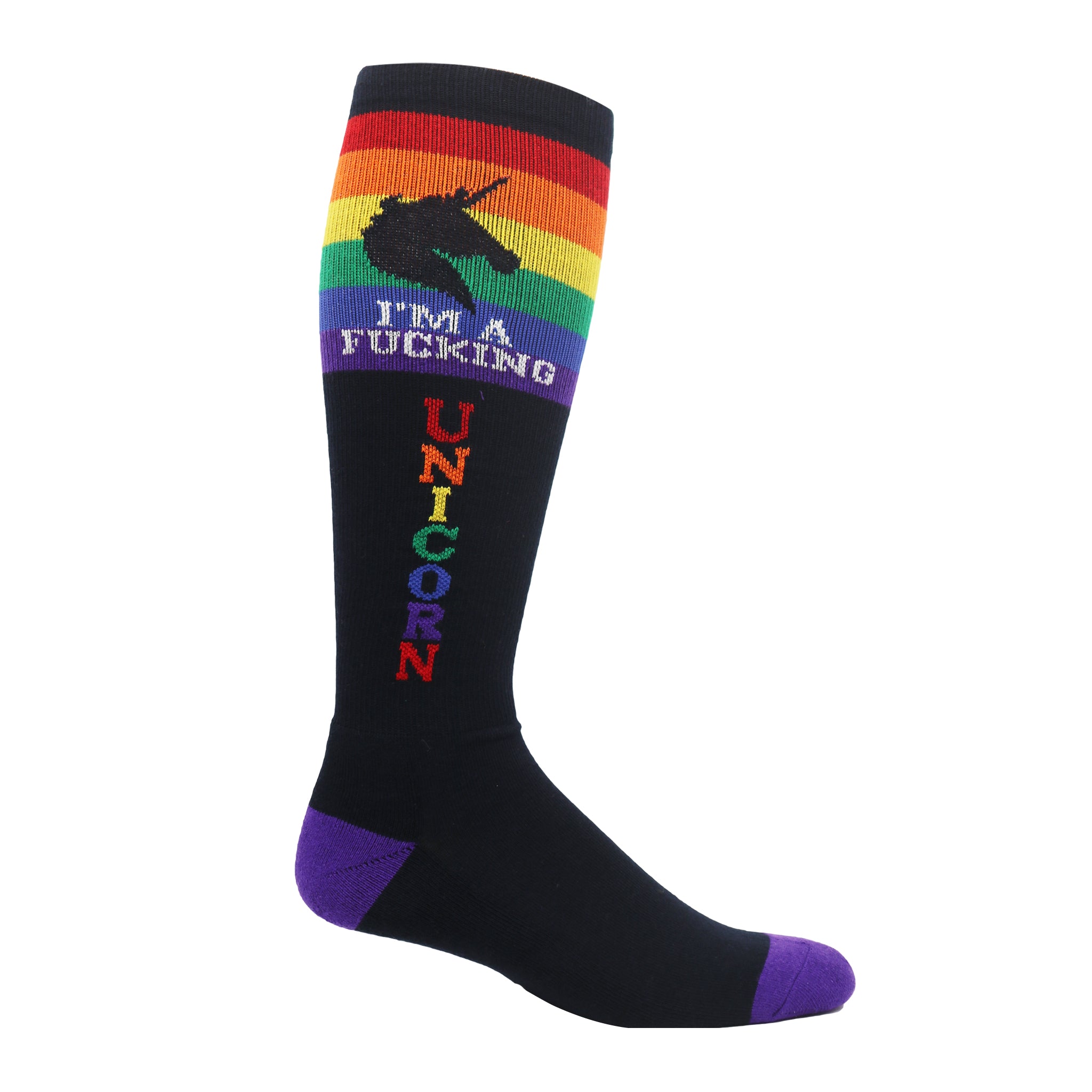 Colorful Super Unicorn Knee High Socks featuring a vibrant rainbow tie-dye design, perfect for expressing individuality and fun.