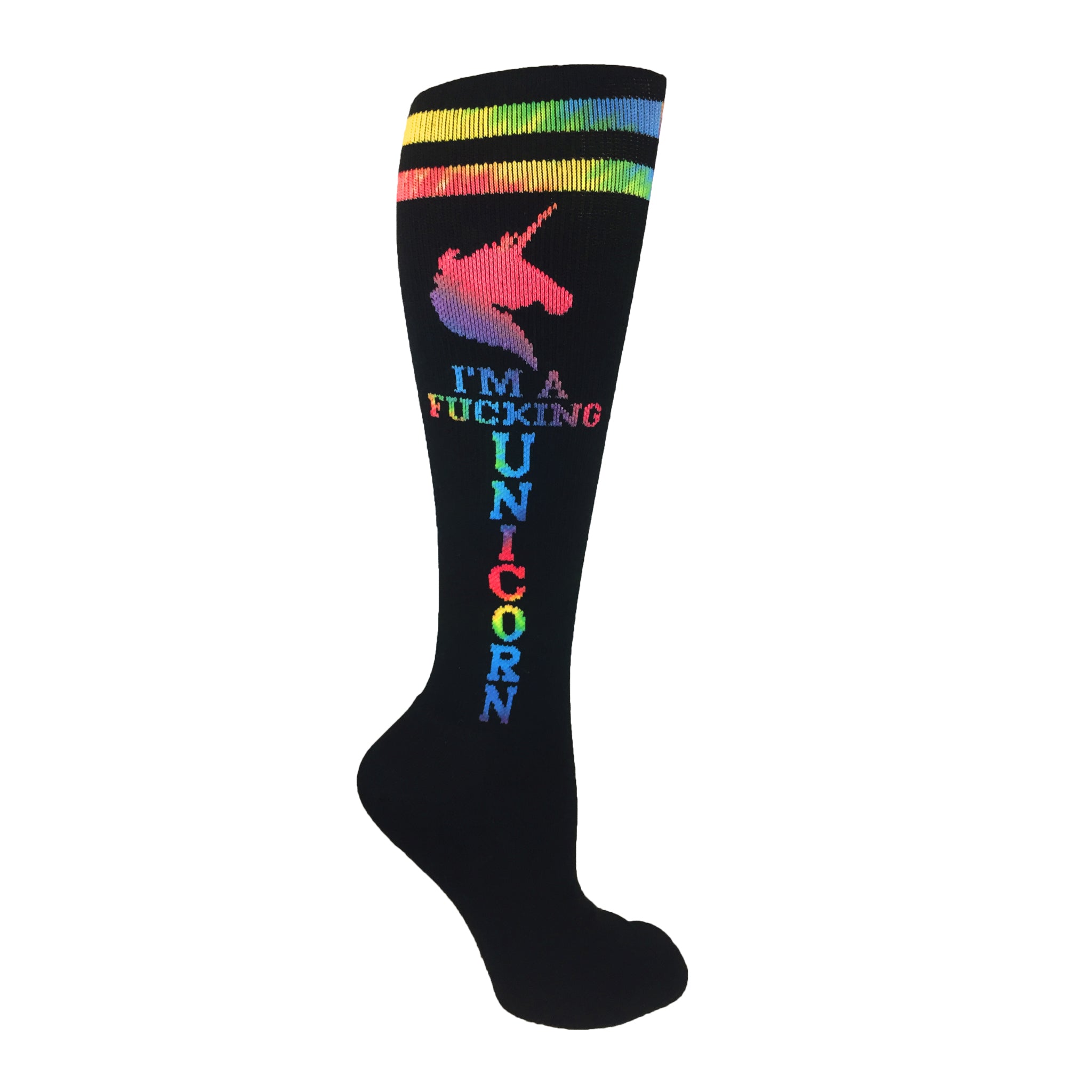 Colorful Super Unicorn Knee High Socks featuring a vibrant rainbow tie-dye design, perfect for expressing individuality and fun.